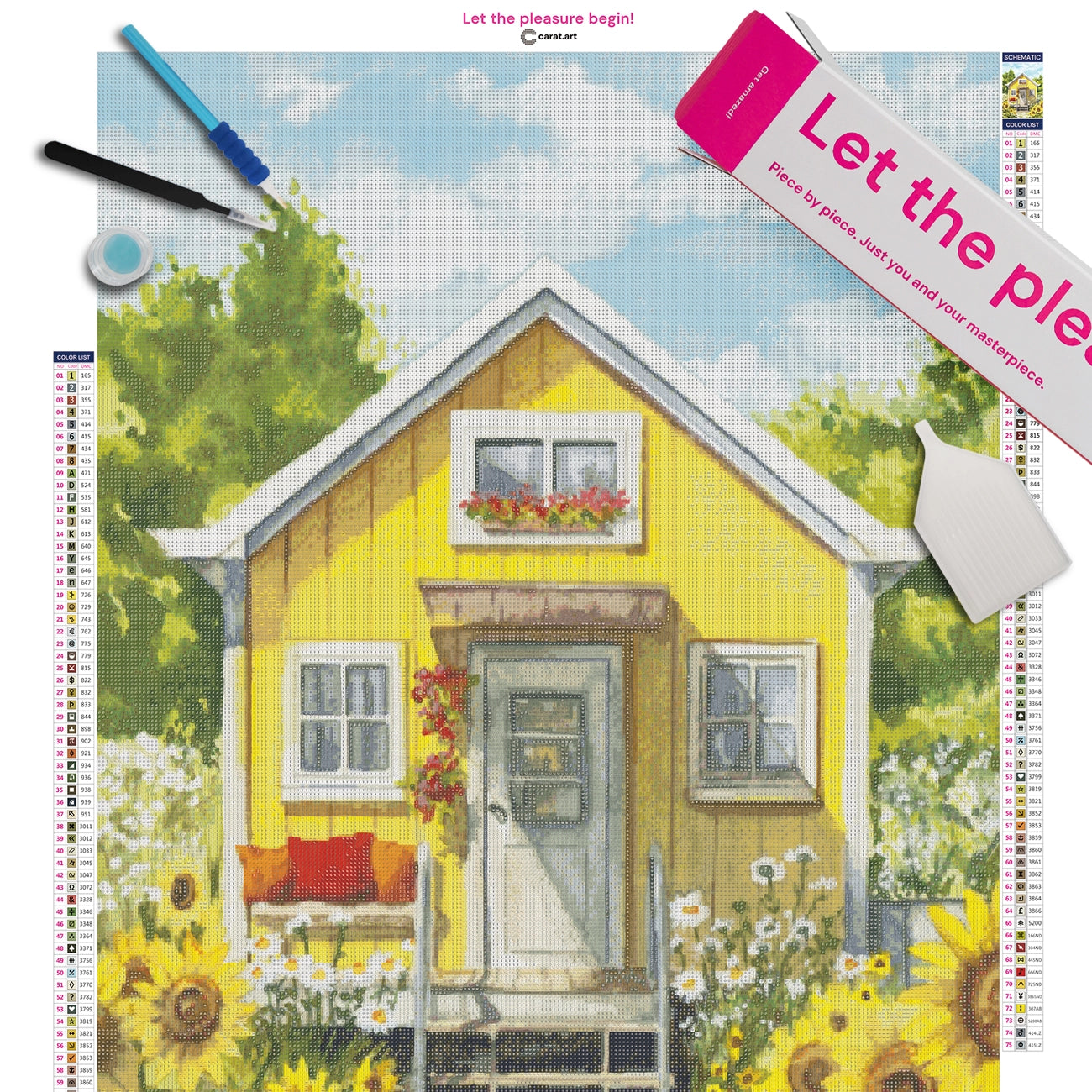 Diamond Painting Set mit kleinem gelbem Haus und Sonnenblumenfeld inklusive Leinwand, Carat Art Karton und hochwertigem Zubehör