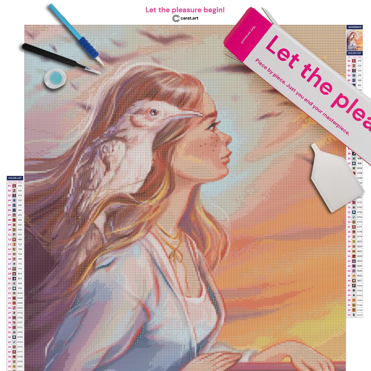 Diamond Painting Set mit Frau, weißem Vogel und wehendem Haar vor einem stimmungsvollen Sonnenuntergang in Purpur- und Goldtönen inklusive Leinwand, Carat Art Karton und hochwertigem Zubehör