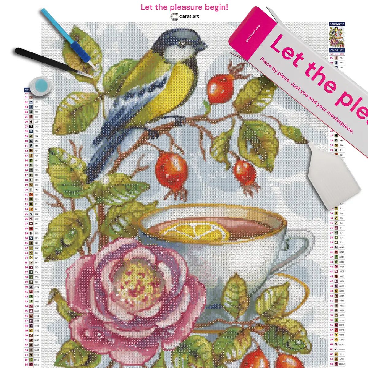 Premium Diamond Painting Set mit romantischer Teetasse, rosa Rose und Kohlmeise im Rosengarten auf Leinwand mit Diamond Painting Zubehör und Carat Art Box
