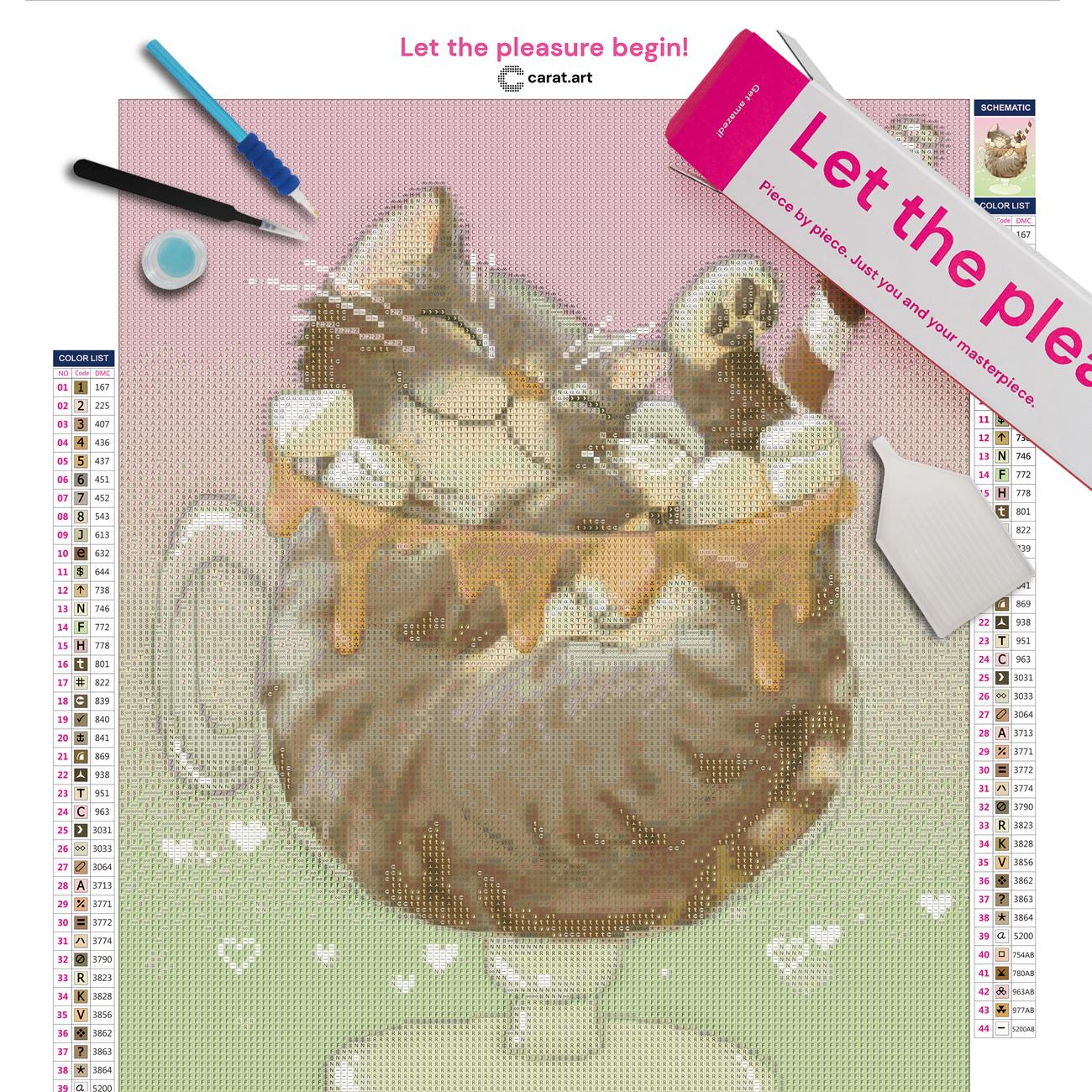 Premium Diamond Painting Set mit Katze und Dessert Motiv inklusive Leinwand, Carat Art Karton und hochwertigem Zubehör