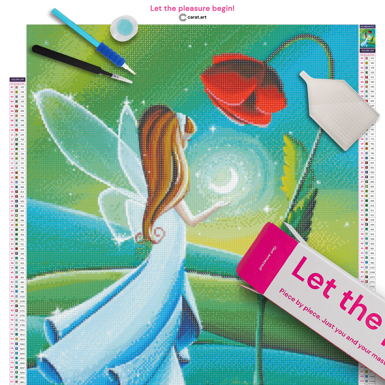 Diamond Painting Set mit kleiner Fee, transparenten Flügeln und Halbmond unter einer roten Mohnblume inklusive Leinwand, Carat Art Karton und hochwertigem Zubehör