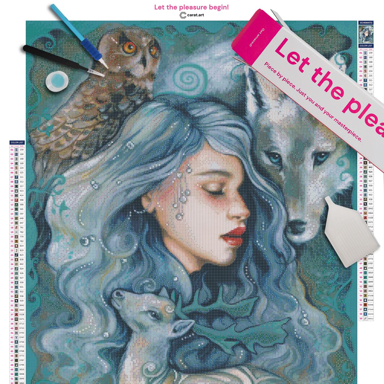 Diamond Painting Set mit Winterfee, Wolf, Hirsch und Eule inklusive Leinwand, Carat Art Karton und hochwertigem Zubehör
