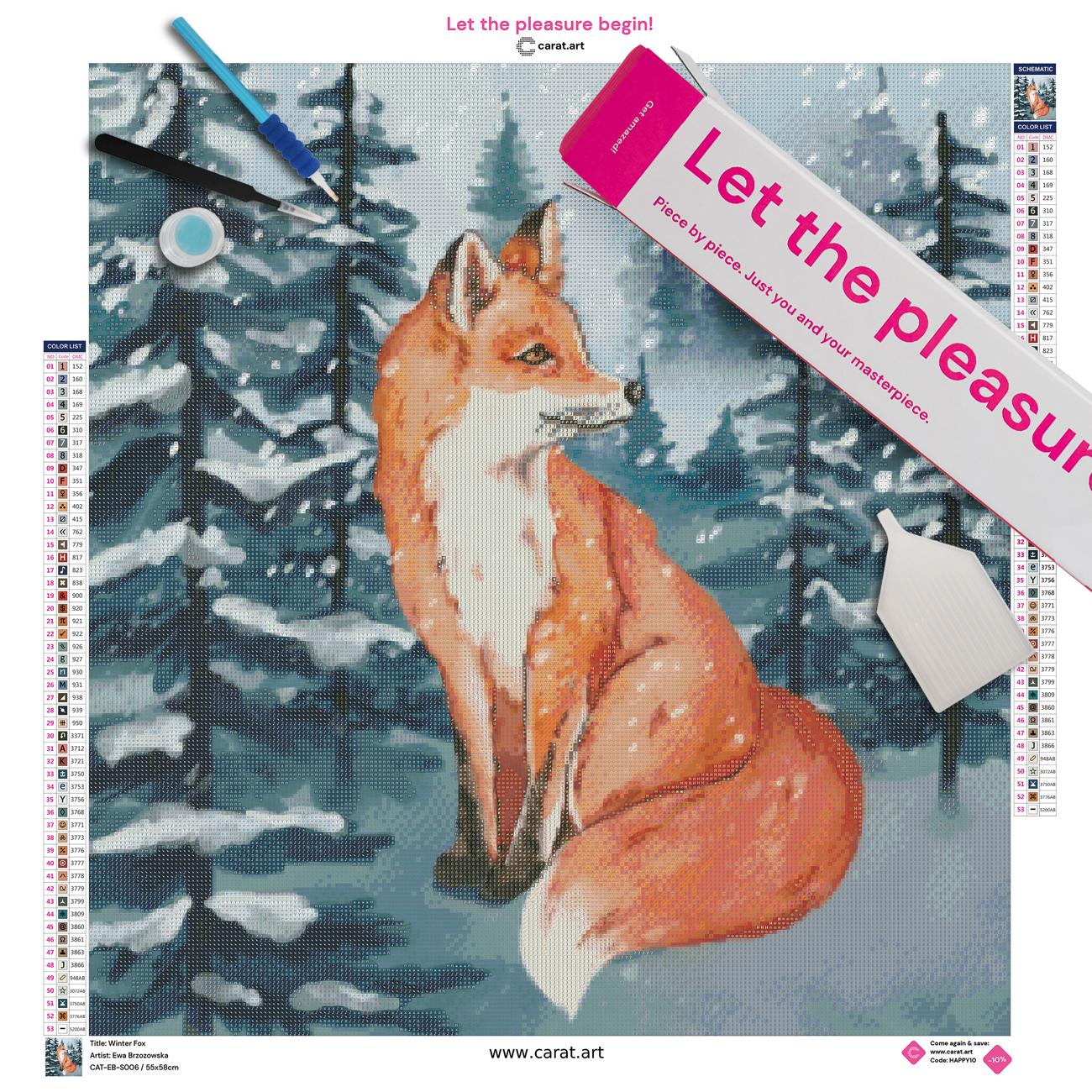Diamond Painting Set mit Winterfuchs und verschneitem Waldmotiv inklusive Leinwand, Carat Art Karton und hochwertigem Zubehör