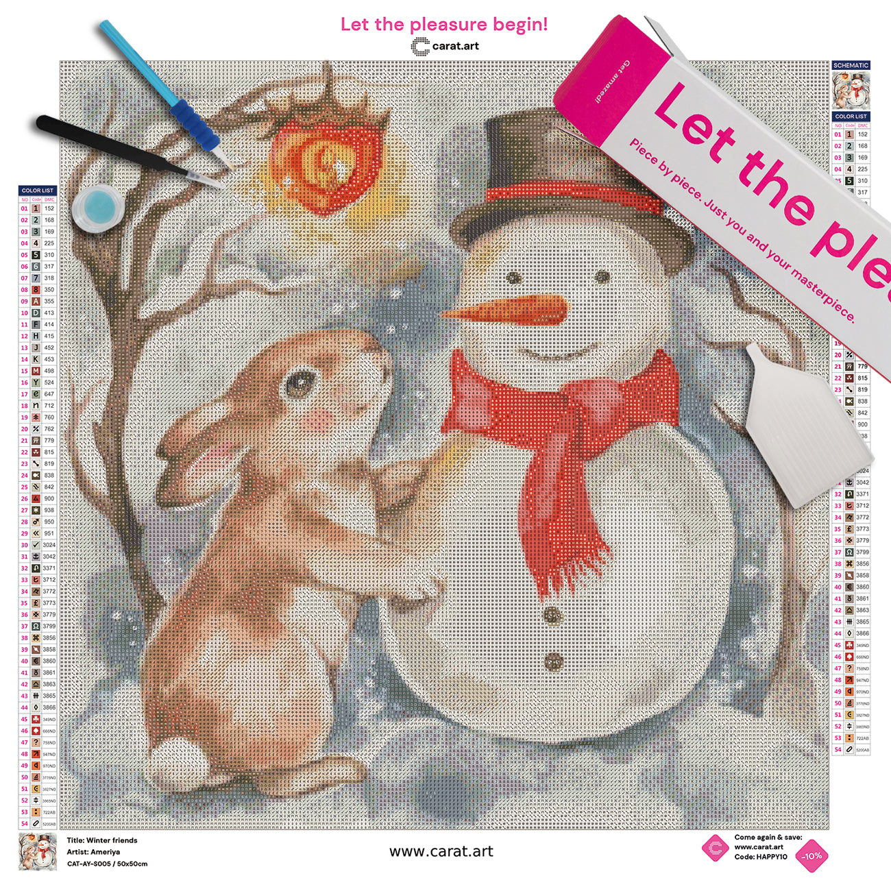 Diamond Painting Set mit kleinem Hasen und Schneemann mit Zylinder und Schal unter einer Laterne an einem Ast in einer winterlichen Nacht inklusive Leinwand, Carat Art Karton und hochwertigem Zubehör