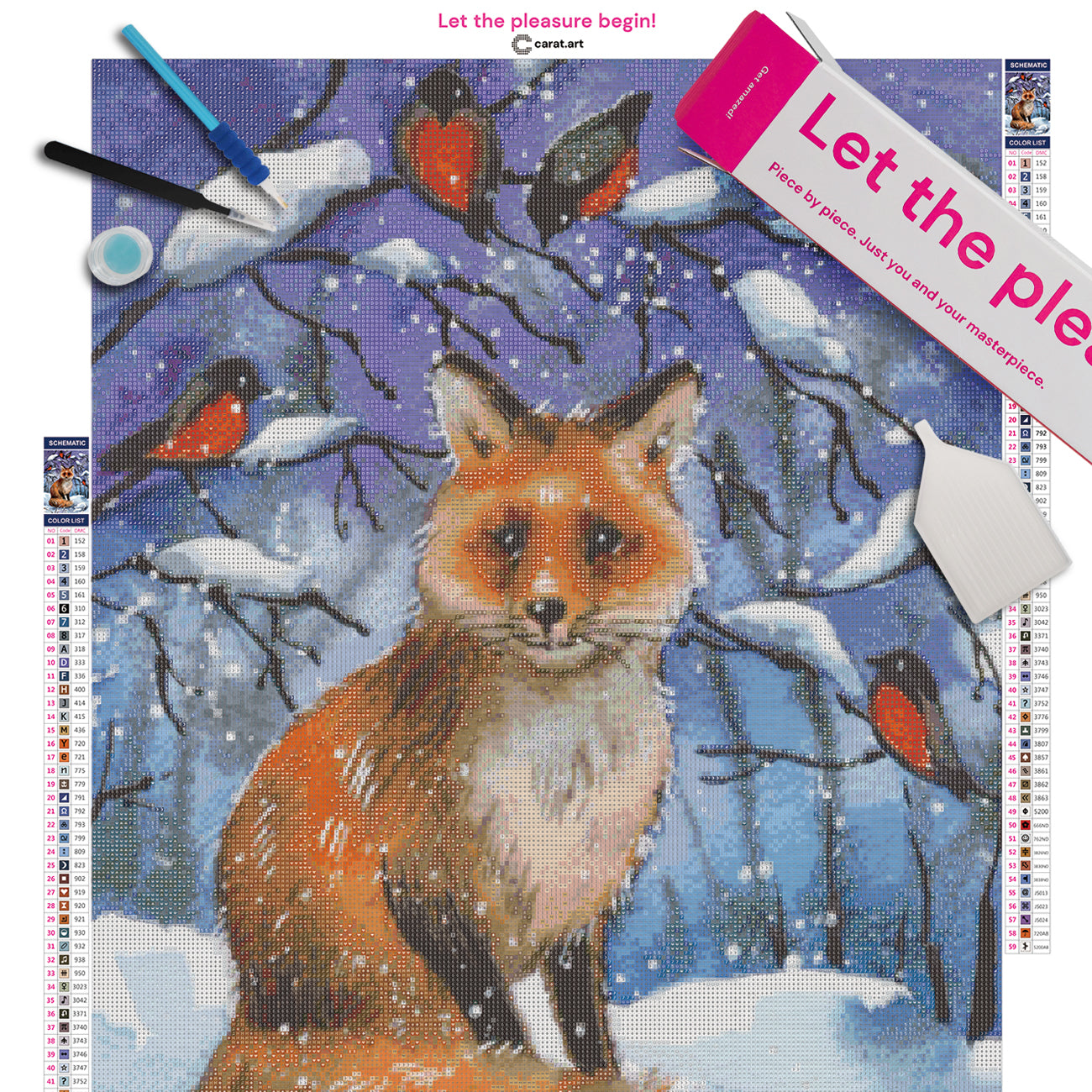 Diamond Painting Set mit Fuchs, Vögeln und verschneiter Winterwald-Szenerie inklusive Leinwand, Carat Art Karton und hochwertigem Zubehör