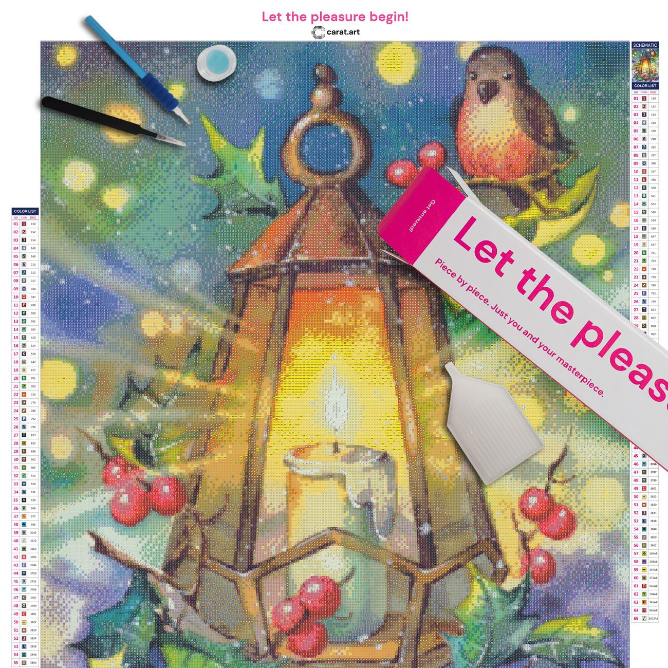 Diamond Painting Set mit leuchtendem Windlicht, kleinem Vogel und winterlicher Dekoration aus Zweigen, Blättern und Beeren inklusive Leinwand, Carat Art Karton und hochwertigem Zubehör