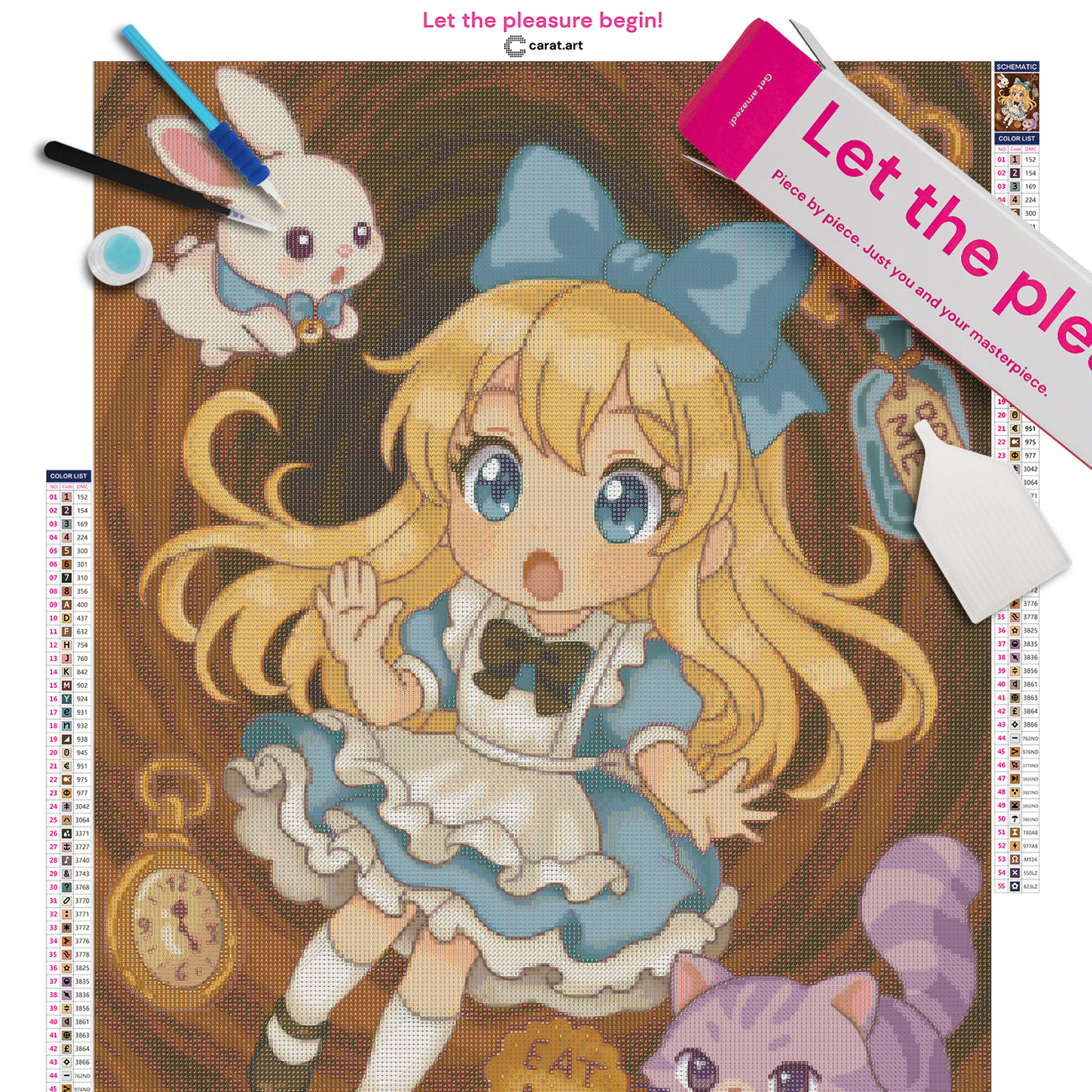 Diamond Painting Set mit Alice aus dem Wunderland, die gerade in den Kaninchenbau fällt, mit weißem Hasen, Grinsekatze, „Drink Me“-Fläschchen, „Eat Me“-Keks und Taschenuhr inklusive Leinwand, Carat Art Karton und hochwertigem Zubehör