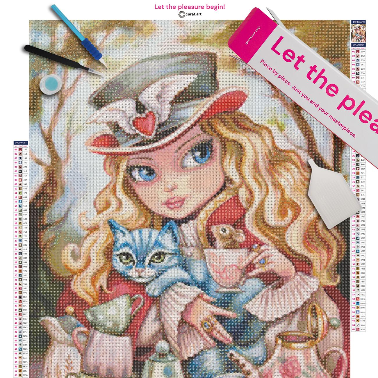 Diamond Painting Set mit Alice, Grinsekatze und fantasievollem Teeparty-Motiv inklusive Leinwand, Carat Art Karton und hochwertigem Zubehör