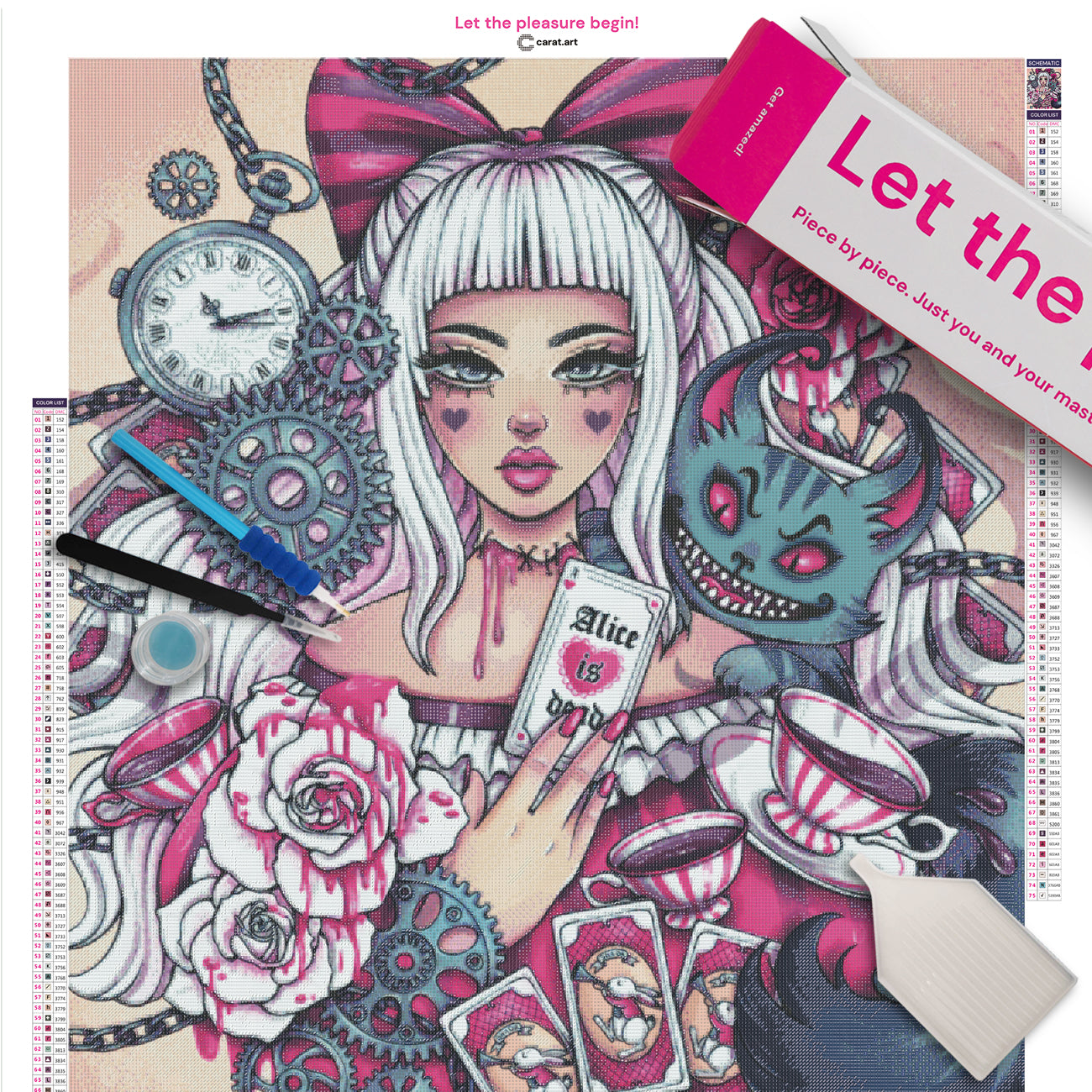 Diamond Painting Set mit Alice und der Grinsekatze in einer geheimnisvollen Wunderland-Szene mit Teeparty und Kartenspiel inklusive Leinwand, Carat Art Karton und hochwertigem Zubehör