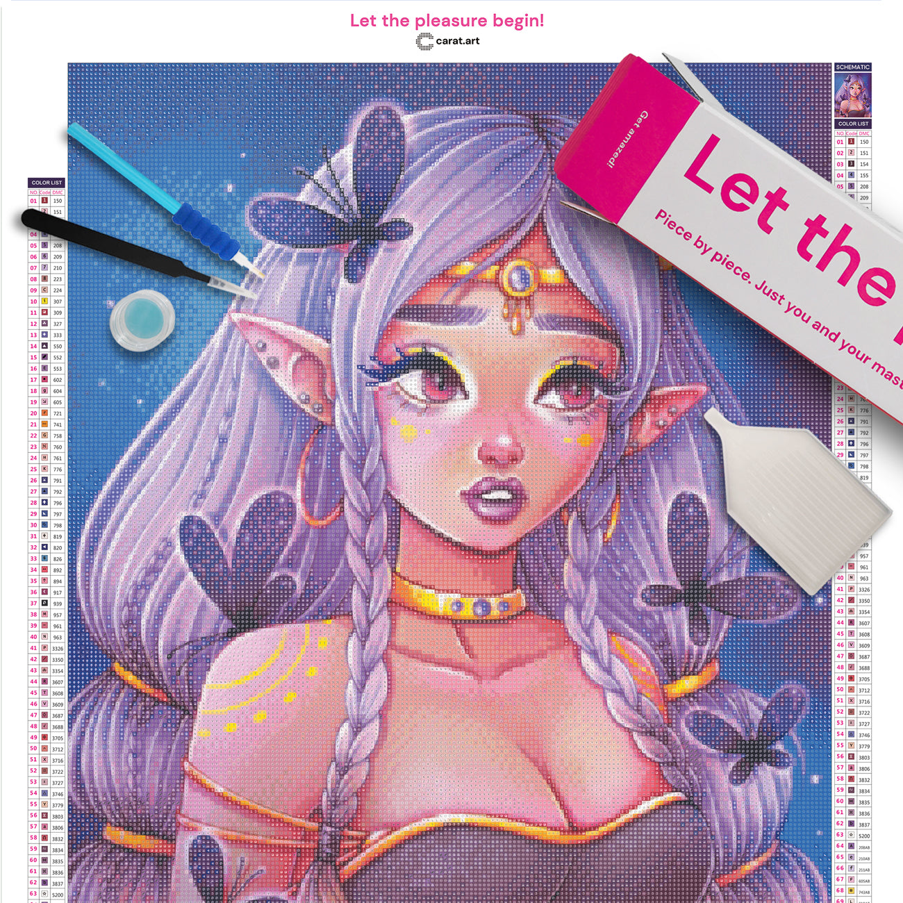 Premium Diamond Painting Set mit Dark Elf und dunklen Schmetterlingen, Leinwand und hochwertigem Zubehör