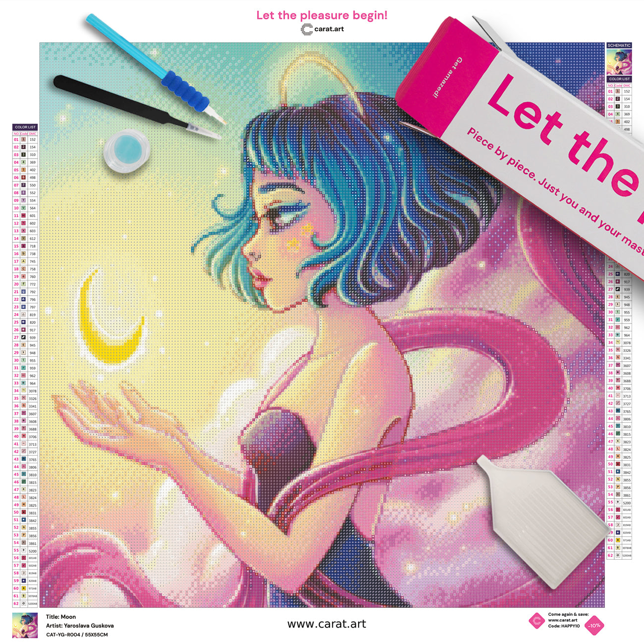 Premium Diamond Painting Set mit Mädchen und Mond, Leinwand und hochwertigem Zubehör