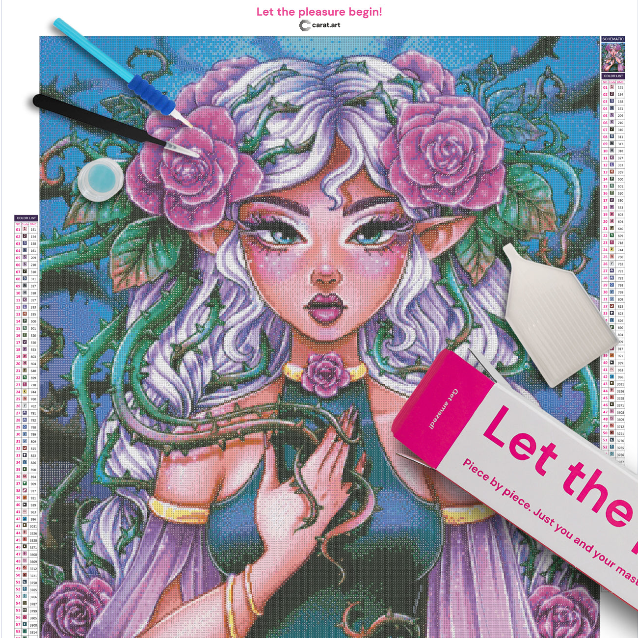 Diamond Painting Set mit Mädchen, weiß-lila Haaren, pinkfarbenen Rosen und Dornenranken inklusive Leinwand, Carat Art Karton und hochwertigem Zubehör