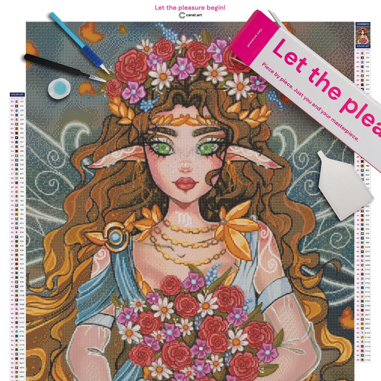 Diamond Painting Set mit Sternzeichen Fee, Feenflügeln und Blumenschmuck inklusive Leinwand, Carat Art Karton und Zubehör