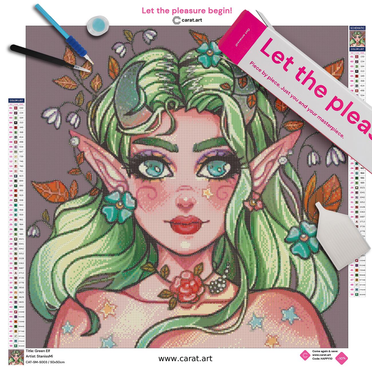 Diamond Painting Set mit Green Elf Fantasy Portrait inklusive Leinwand, Carat Art Karton und hochwertigem Zubehör