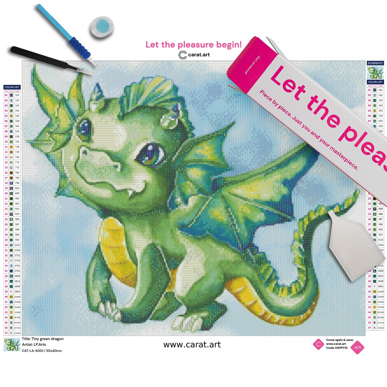 Premium Diamond Painting Set mit kleinem grünen Drachen inklusive Leinwand, Carat Art Karton und hochwertigem Zubehör
