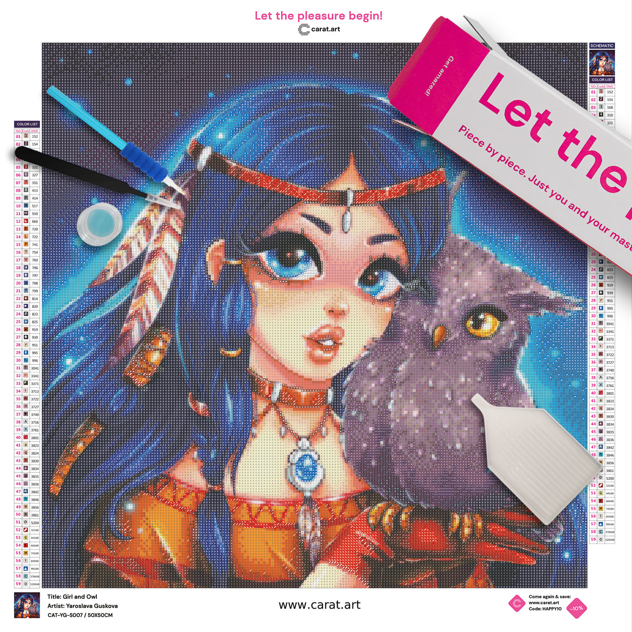 Premium Diamond Painting Set mit Indianermädchen und Eule, Leinwand und hochwertigem Zubehör