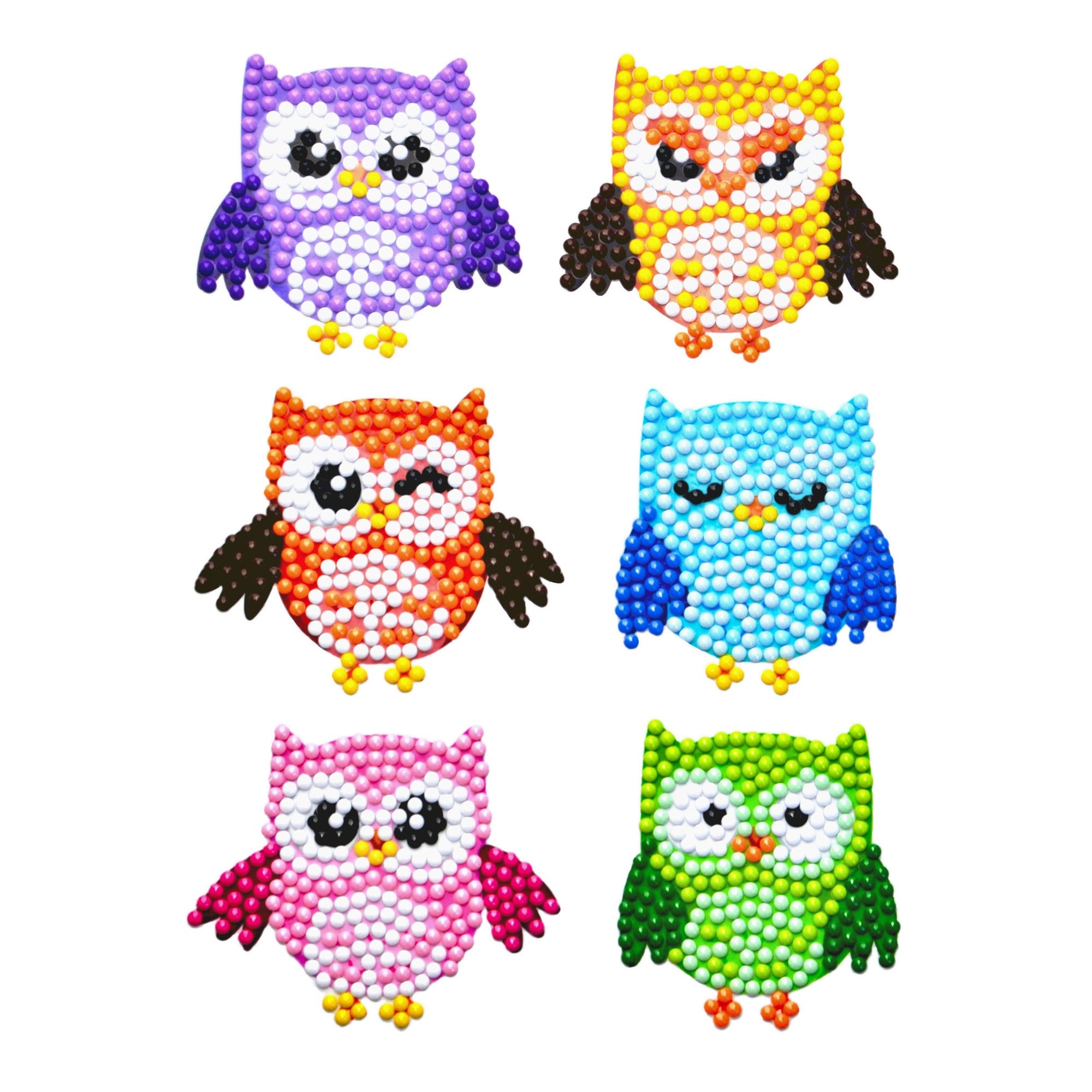 Diamond Painting Sticker mit verschiedenen bunten Eulenmotiven, mit funkelnden Diamantsteinen verziert