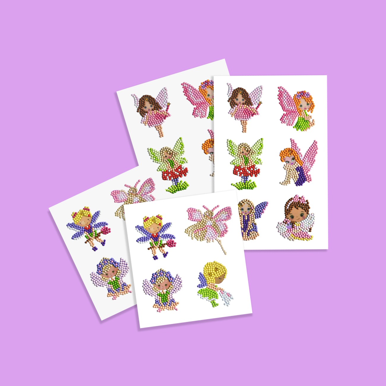 Diamond Painting Sticker Set für Kinder mit zwei Stickerbögen und bunten Feenmotiven wie kleinen Blumenfeen, Feenmädchen mit Flügeln und zauberhaften Fliegenpilz-Feen