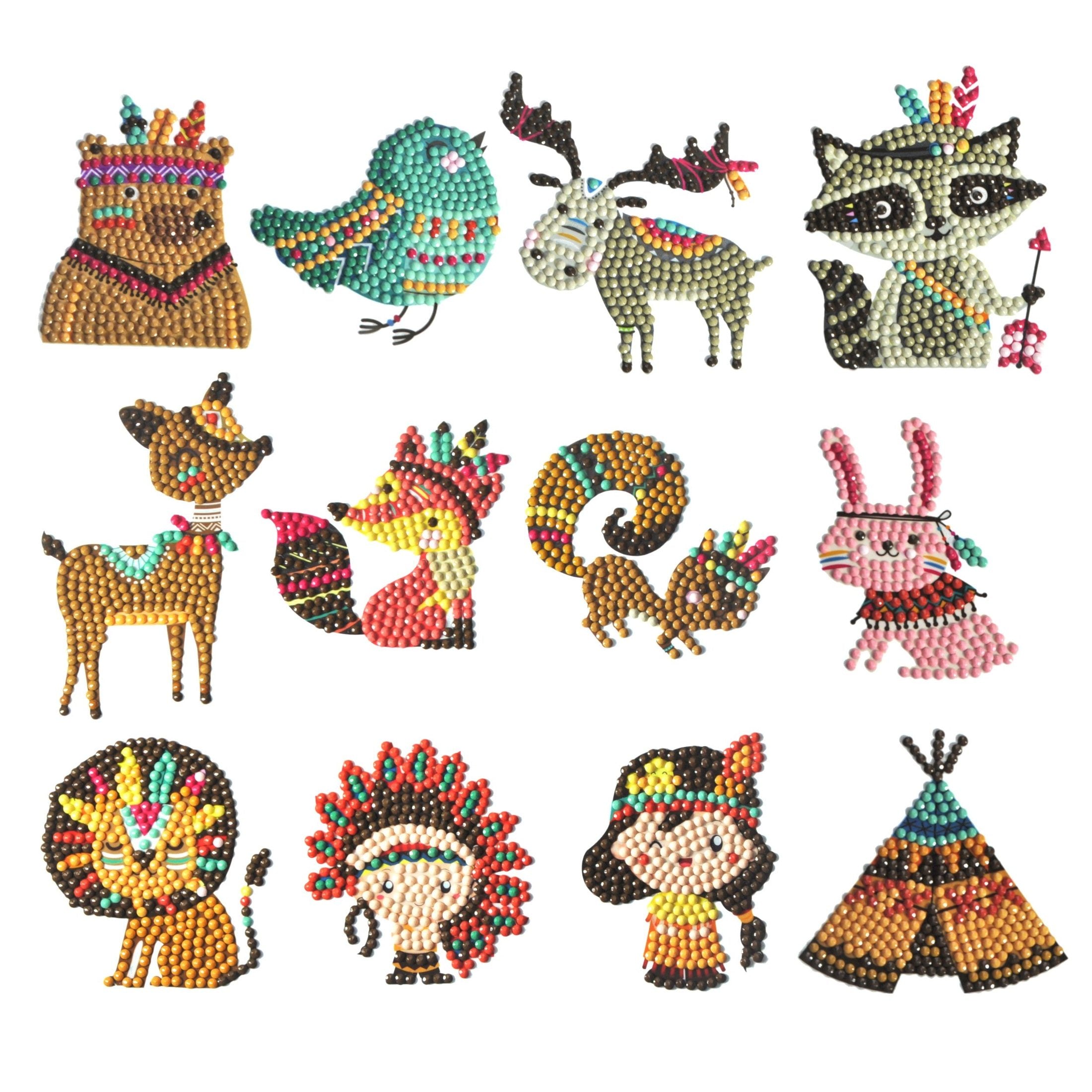 Diamond Painting Sticker mit liebevollen Indianer- und Naturmotiven wie Waschbär, Hase, Elch, Fuchs und Indianerjunge, mit funkelnden Diamantsteinen verziert