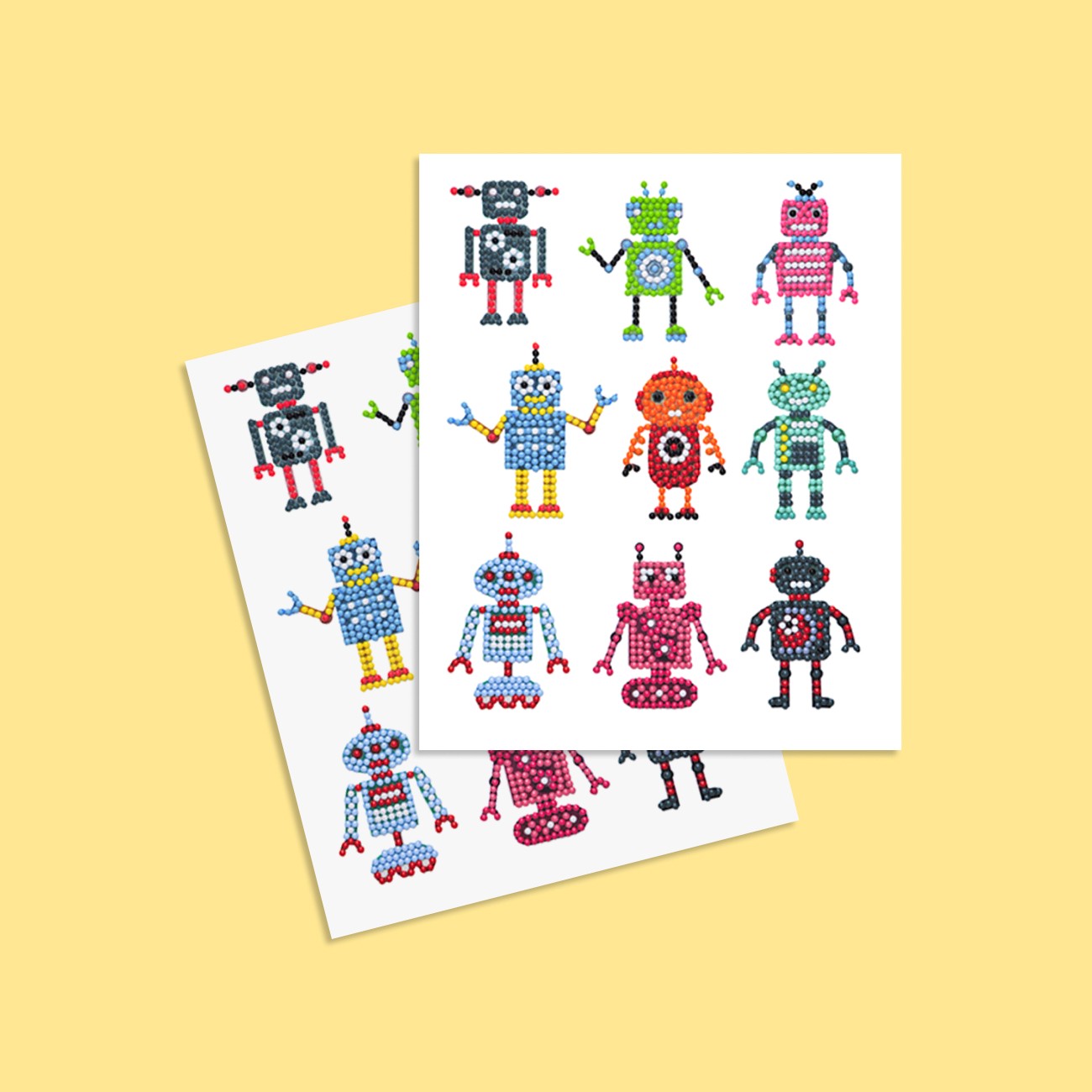 Diamond Painting Sticker Set für Kinder mit zwei Stickerbögen und bunten Robotermotiven