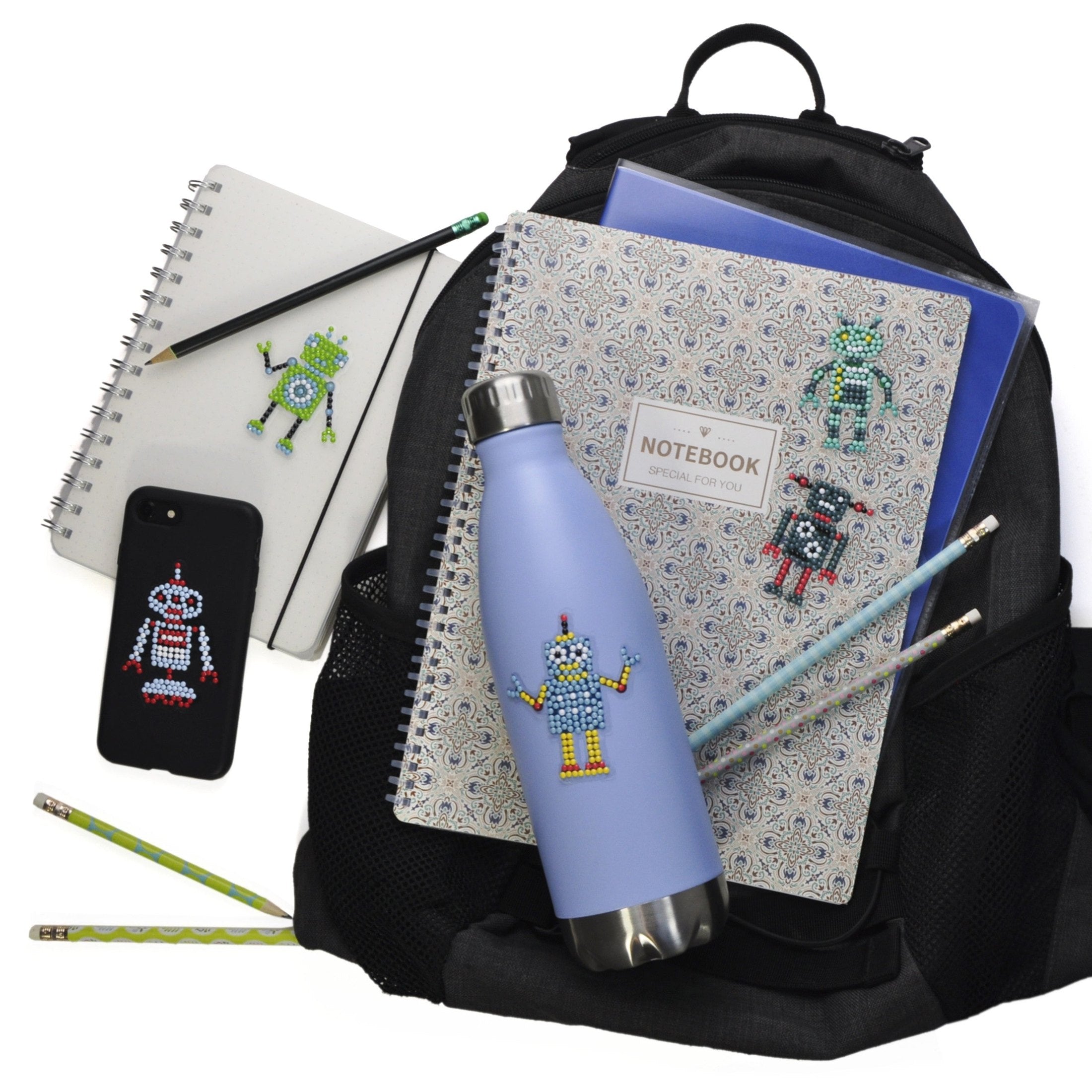 Kreative Schultüten-Idee für Kinder: Roboter Sticker als coole Dekoration auf Schulheften, Trinkflasche und Handyhülle – Diamond Painting Sticker zum Gestalten