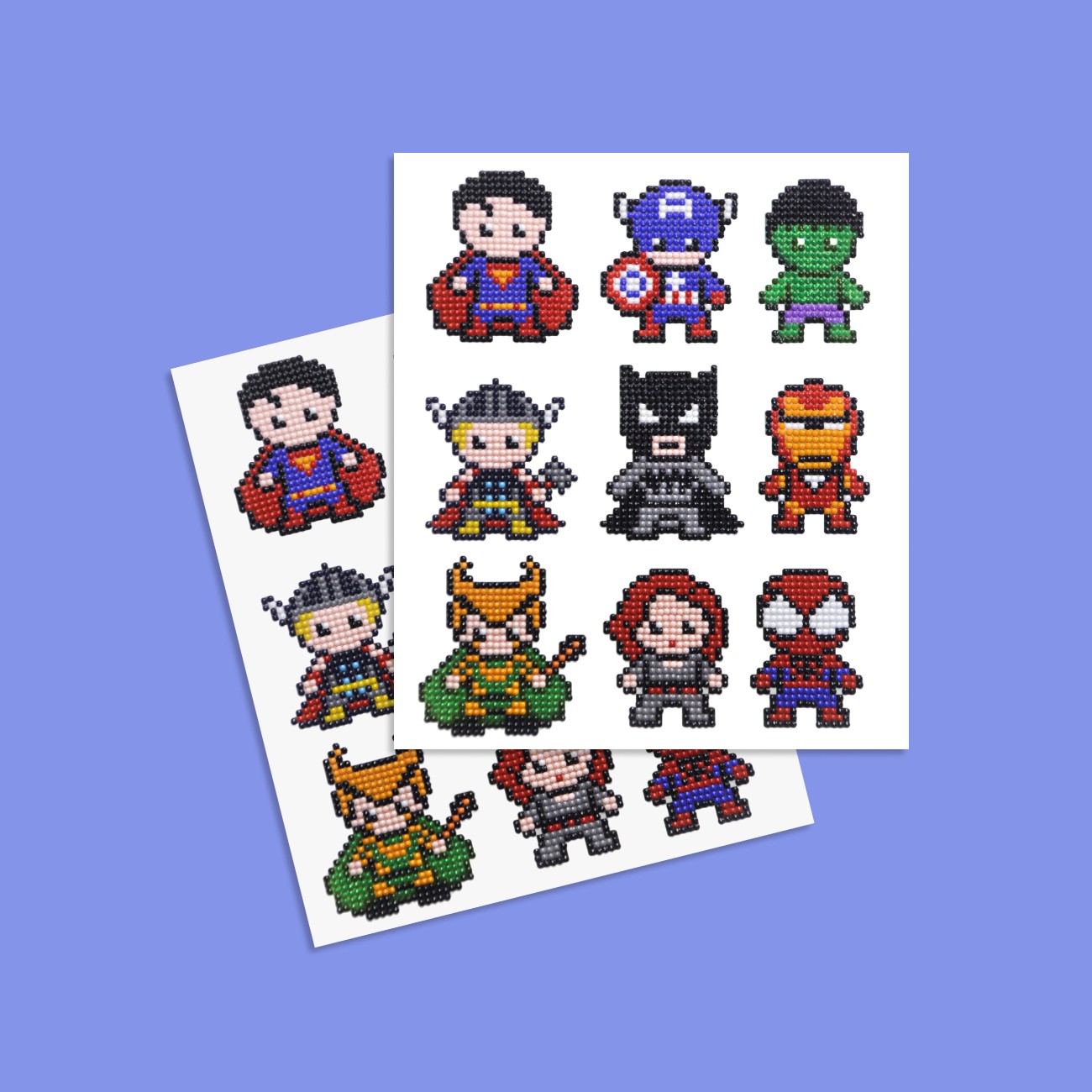 Diamond Painting Sticker Set für Kinder mit zwei Stickerbögen und bunten Superhelden-Motiven