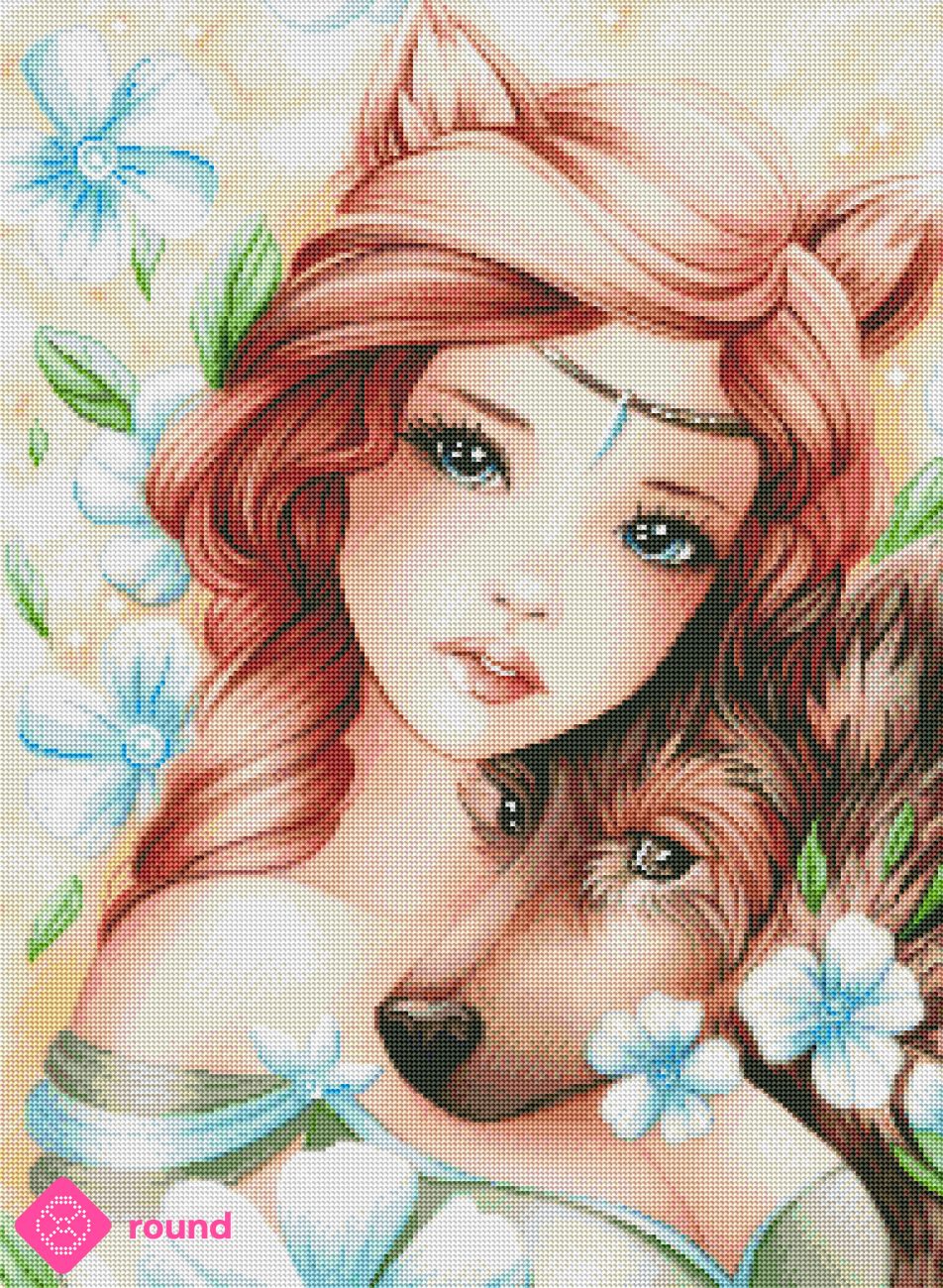 Diamond Painting Vorschau mit rothaarigem Mädchen mit niedlichen Fuchsohren und ihrem Hund, umgeben von zarten weiß-blauen Blüten und Blättern in funkelnder Steinoptik
