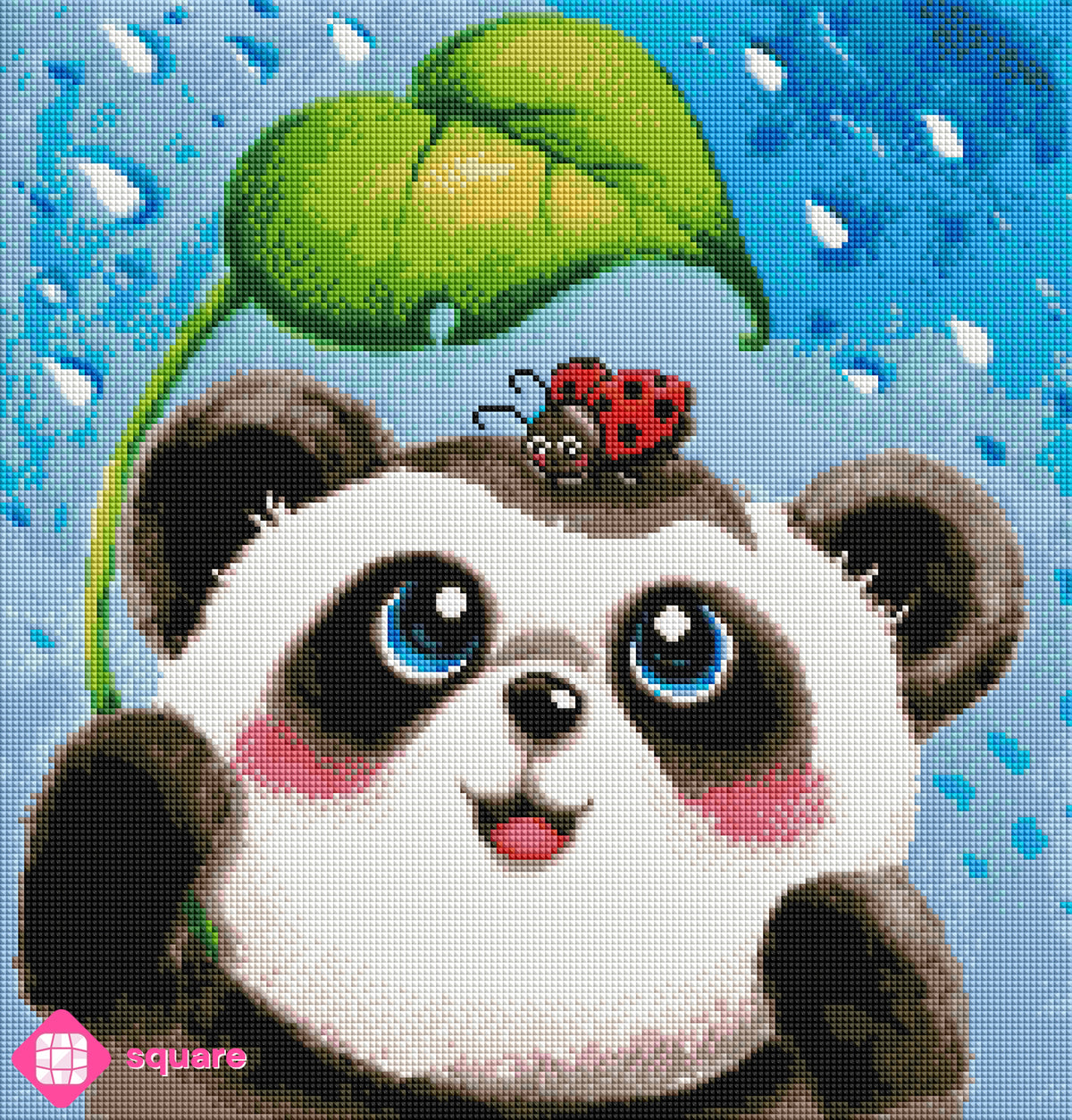 Diamond Painting Vorschau mit Pandabär und Marienkäfer in funkelnder Steinoptik