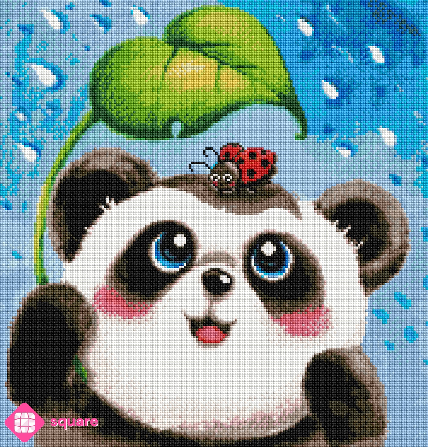 Diamond Painting Vorschau mit Pandabär und Marienkäfer in funkelnder Steinoptik