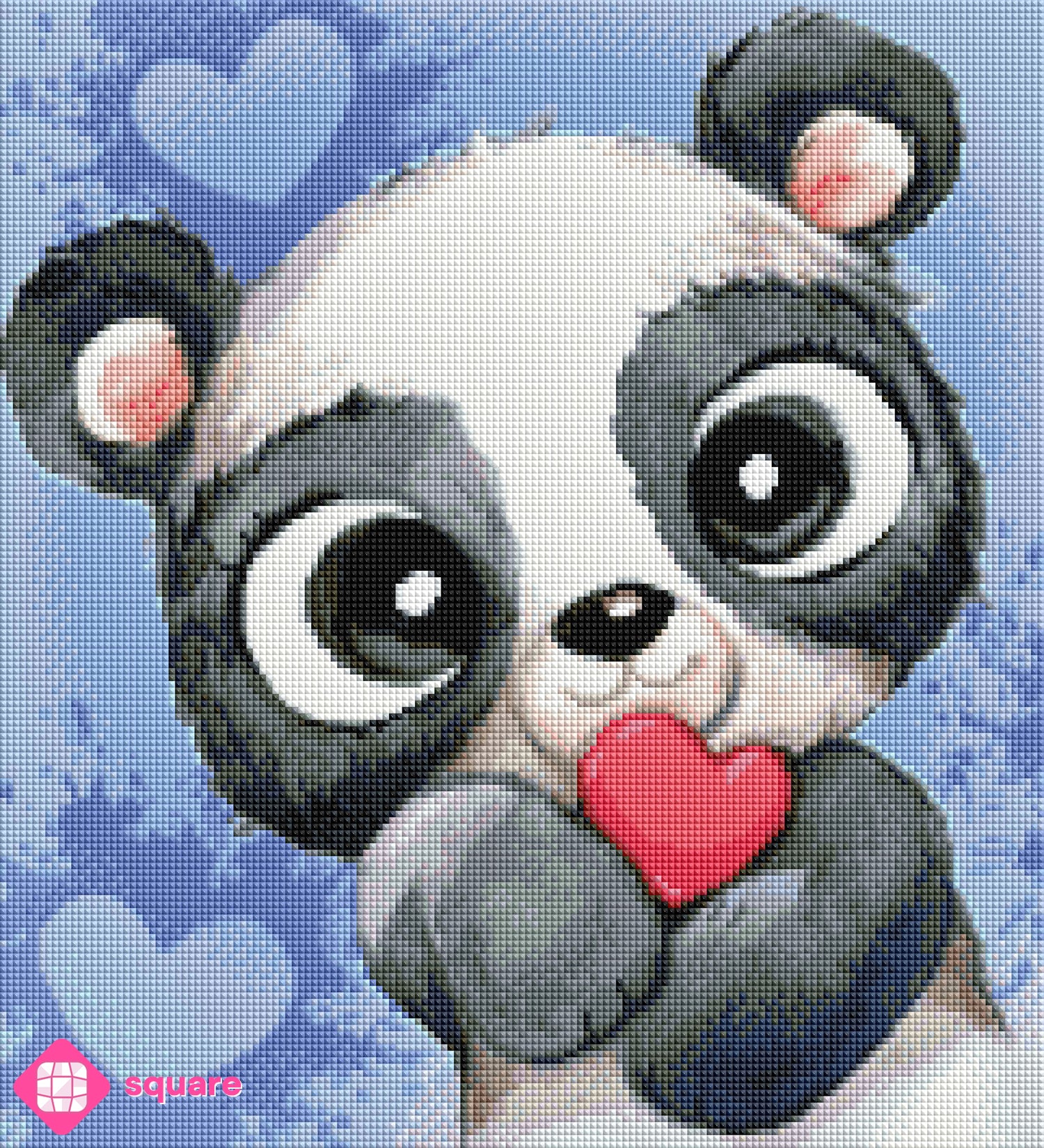 Diamond Painting Vorschau mit Pandabär und Herz in funkelnder Steinoptik