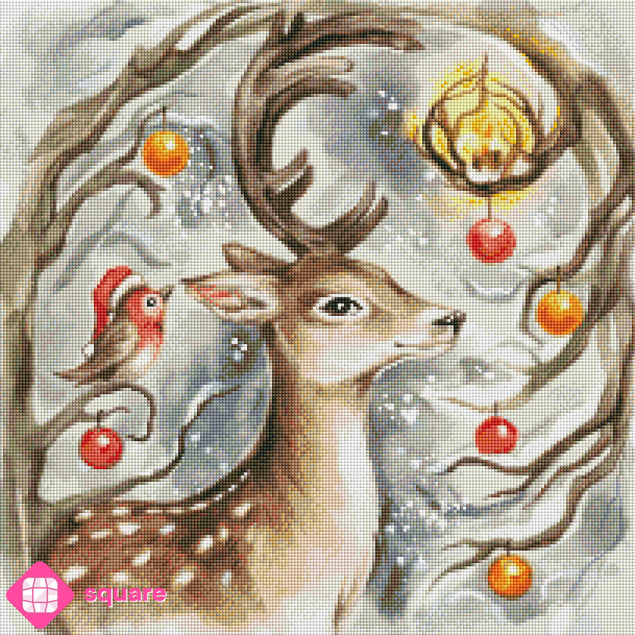 Diamond Painting Vorschau mit Hirsch, Rotkehlchen und warm leuchtender Kerze im verschneiten Winterwald, umgeben von festlich geschmückten Zweigen und fallenden Schneeflocken in funkelnder Steinoptik
