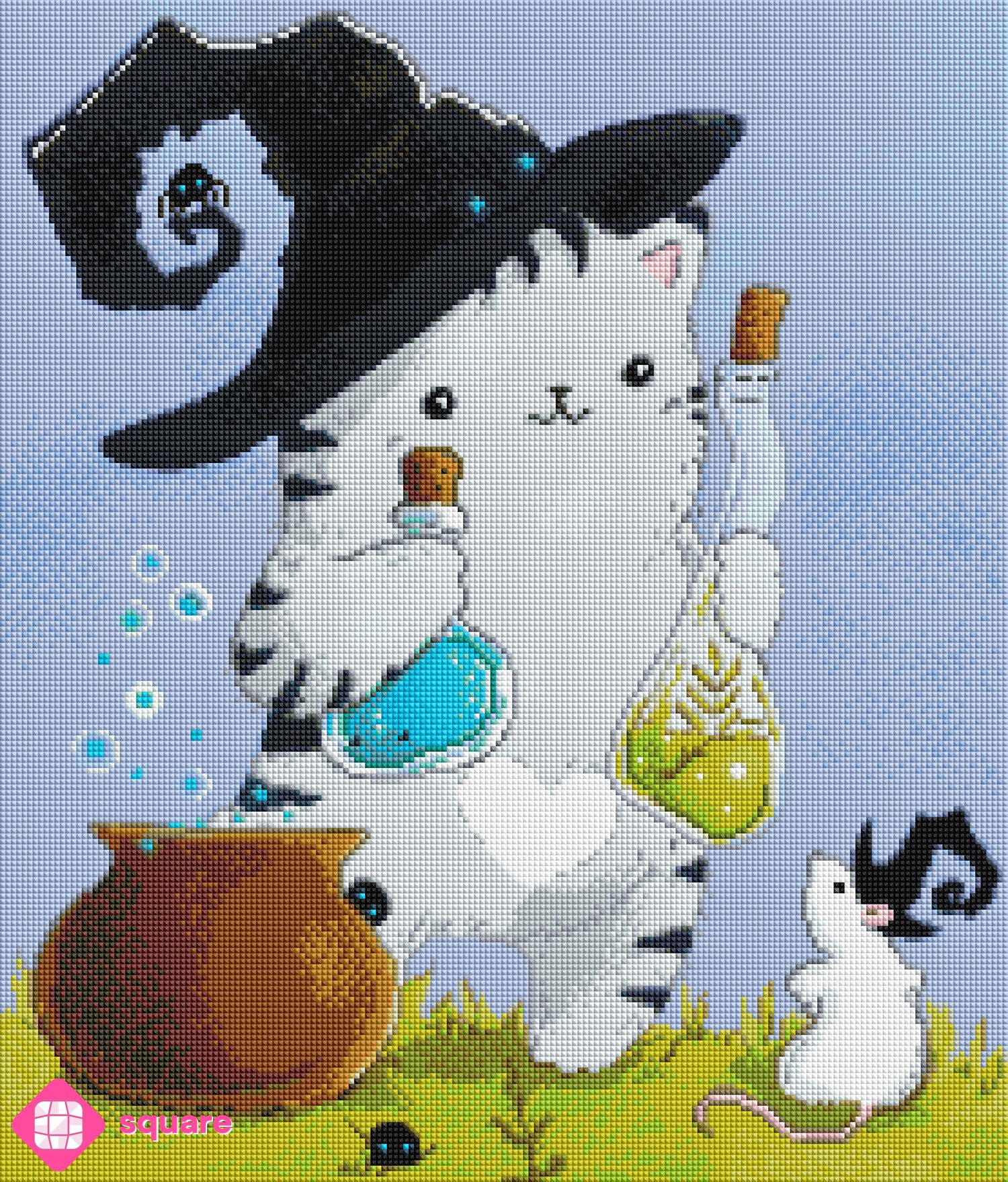 Diamond Painting Vorschau einer niedlichen Katze mit Zauberhut, Zaubertrank-Flaschen und geheimnisvoller Atmosphäre