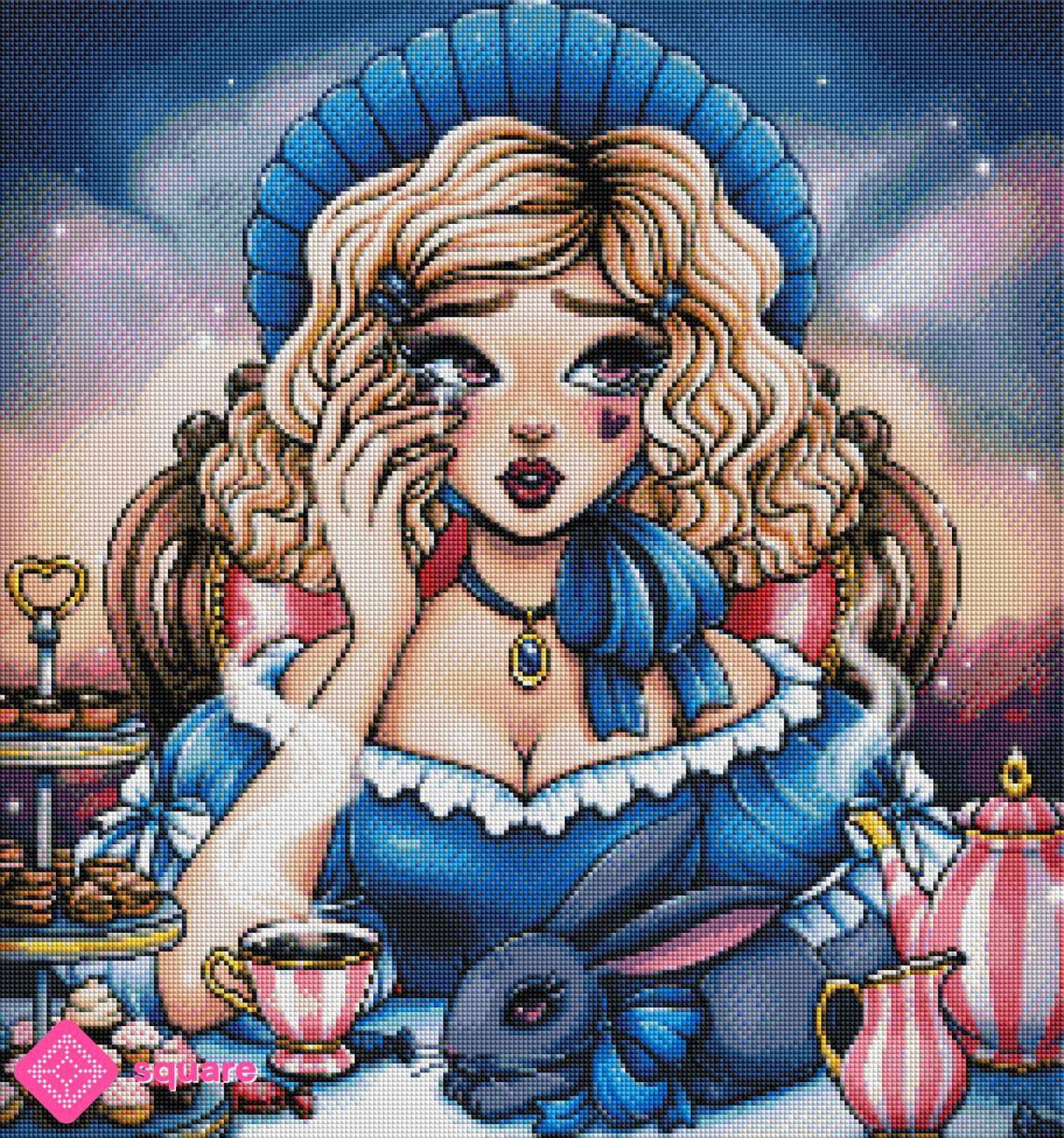 Diamond Painting Vorschau mit Alice und schwarzem Kaninchen in funkelnder Steinoptik