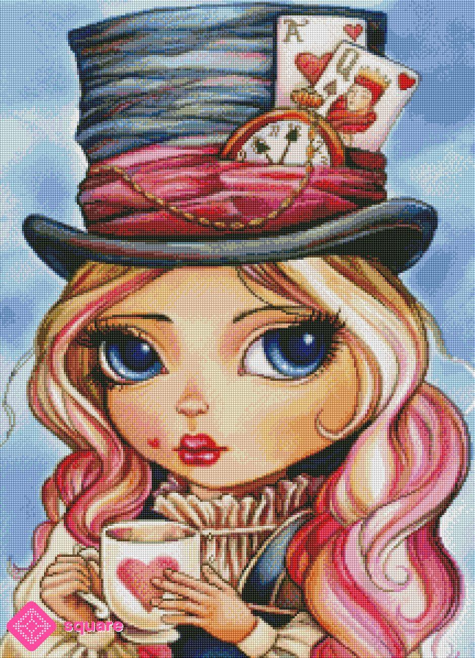 Diamond Painting Vorschau mit Alice, Herztasse, Spielkarten und Taschenuhr in märchenhafter Wunderland-Atmosphäre und funkelnder Steinoptik
