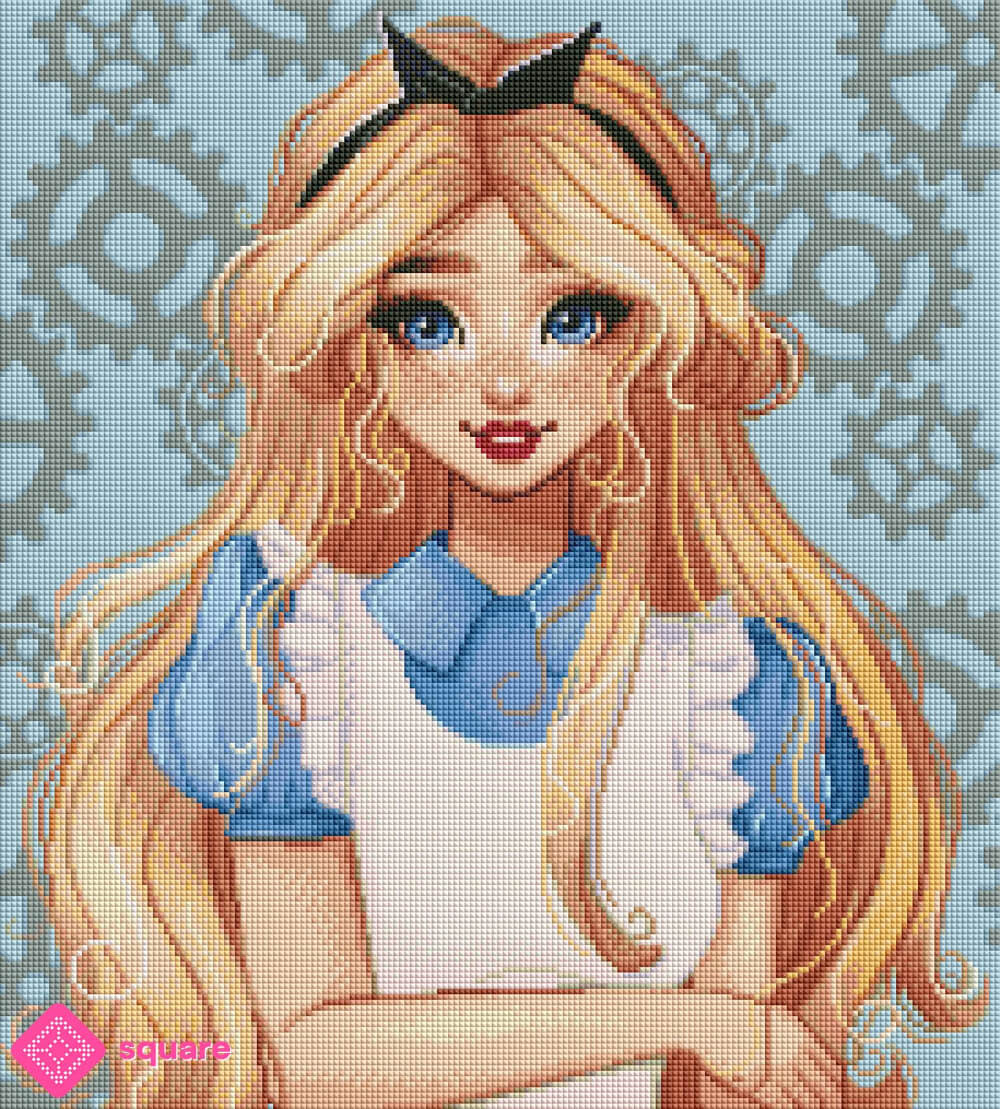 Diamond Painting Vorschau mit Alice und ihren goldenen Locken, umgeben von Zahnrädern und mechanischen Elementen in fantasievoller, funkelnder Steinoptik