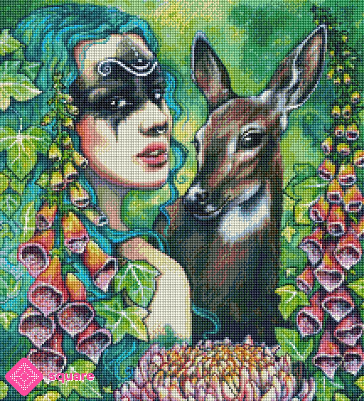 Vorschau eines Fantasy Diamond Paintings mit Alvara, Tierfreundin und floraler Waldszene mit Fingerhut Blumen und Reh in funkelnder Steinoptik