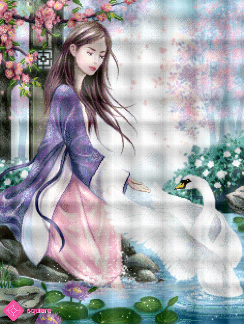 Diamond Painting Vorschau mit Mädchen im Kimono und weißem Schwan in funkelnder Steinoptik