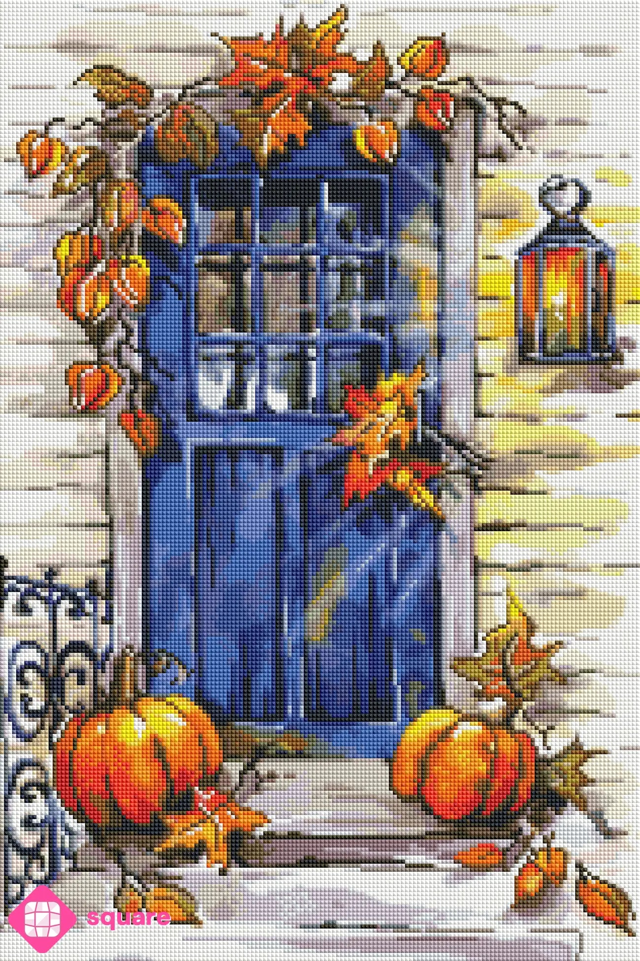 Diamond Painting Vorschau eines Herbstbildes mit blauer Tür, Kürbissen und Herbstlaub mit warmen Farben in funkelnder Steinoptik