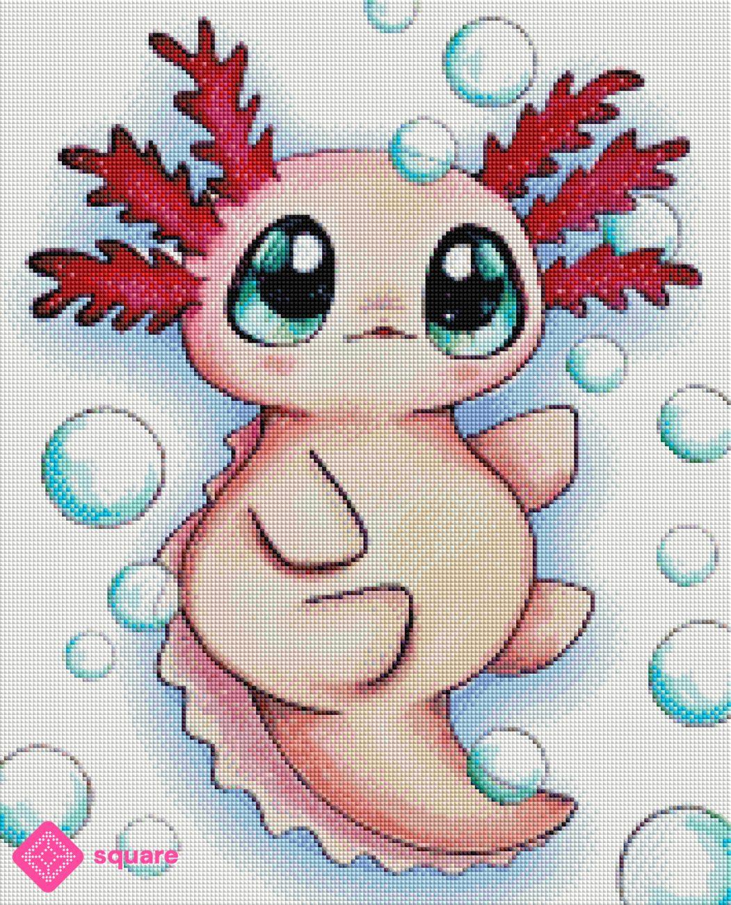 Diamond Painting Vorschau mit Axolotl in funkelnder Steinoptik