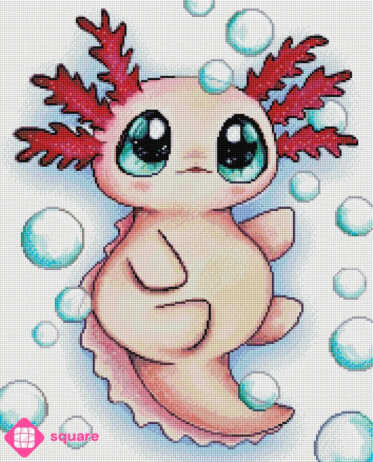 Diamond Painting Vorschau mit niedlichem Axolotl unter Wasser in funkelnder Steinoptik