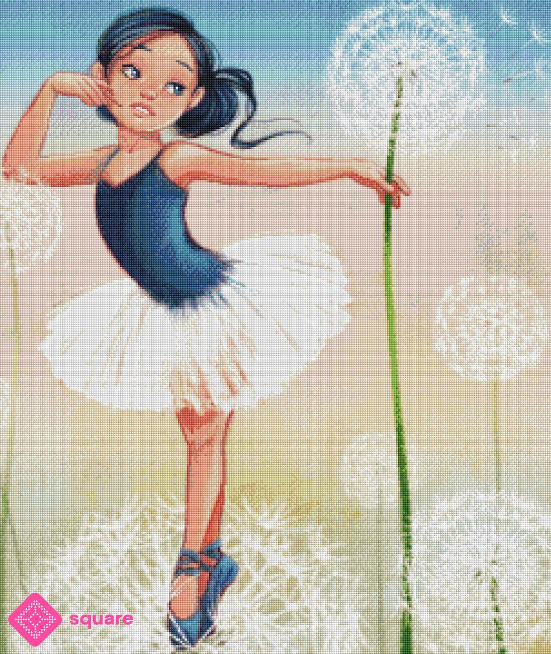 Diamond Painting Vorschau mit Ballerina und Pusteblumen in funkelnder Steinoptik