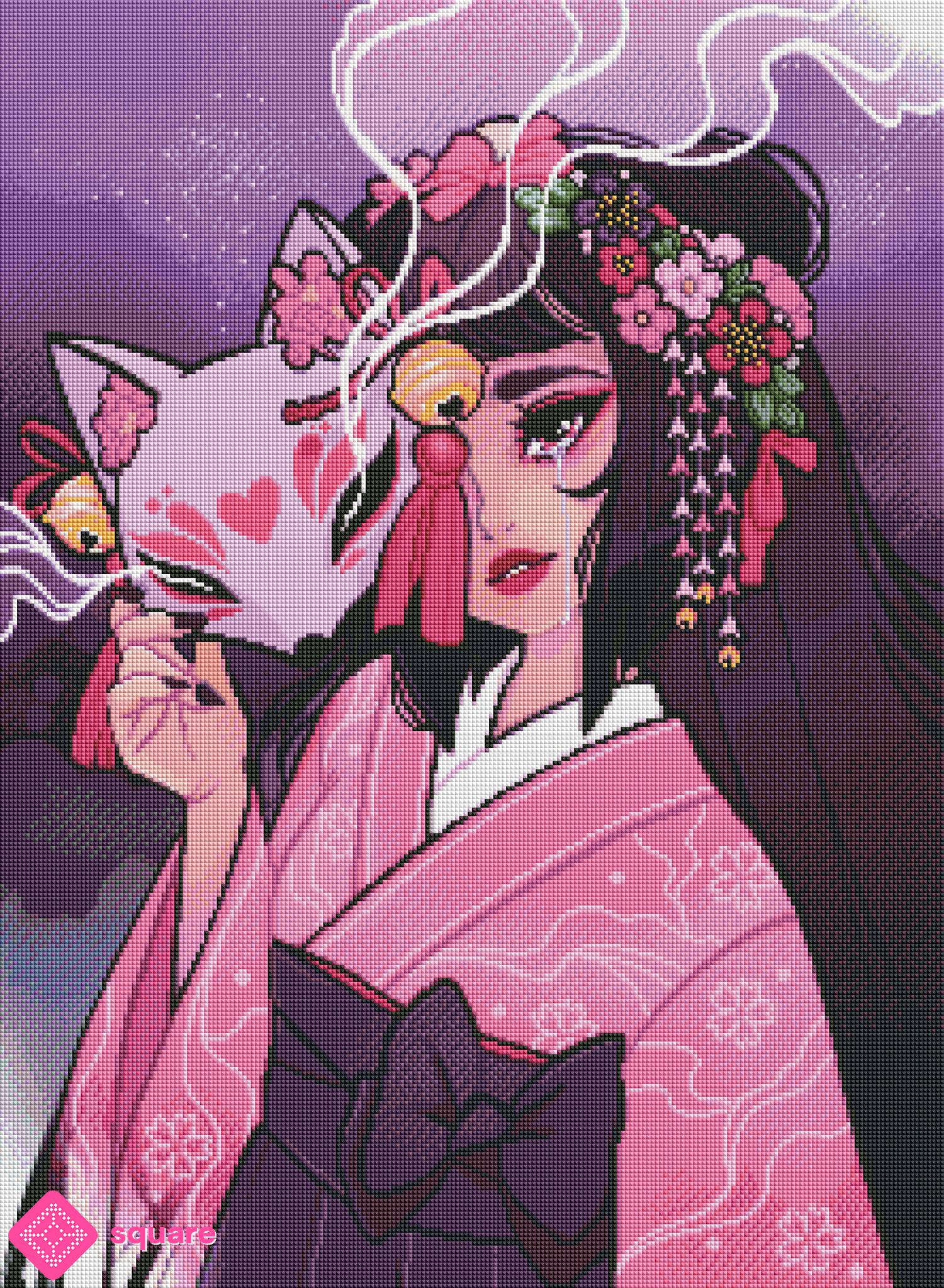 Diamond Painting Vorschau mit Mädchen im Kimono, Blumen im Haar und Fuchsmaske in funkelnder Steinoptik