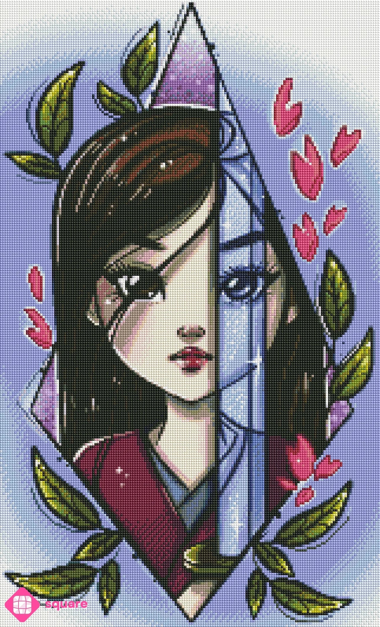 Vorschau eines Fantasy Diamond Paintings mit Kriegerin und Schwert in dramatischer funkelnder Steinoptik
