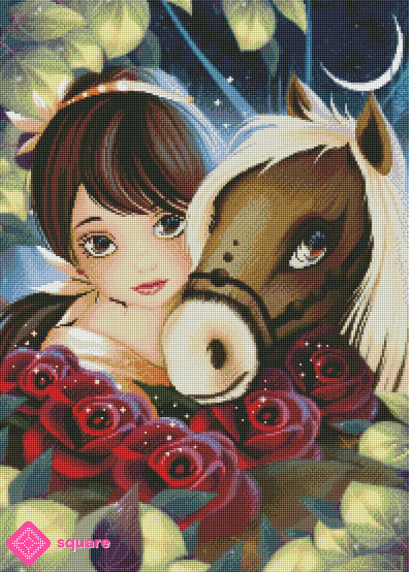Diamond Painting Vorschau mit Belle und Rosen in funkelnder Steinoptik