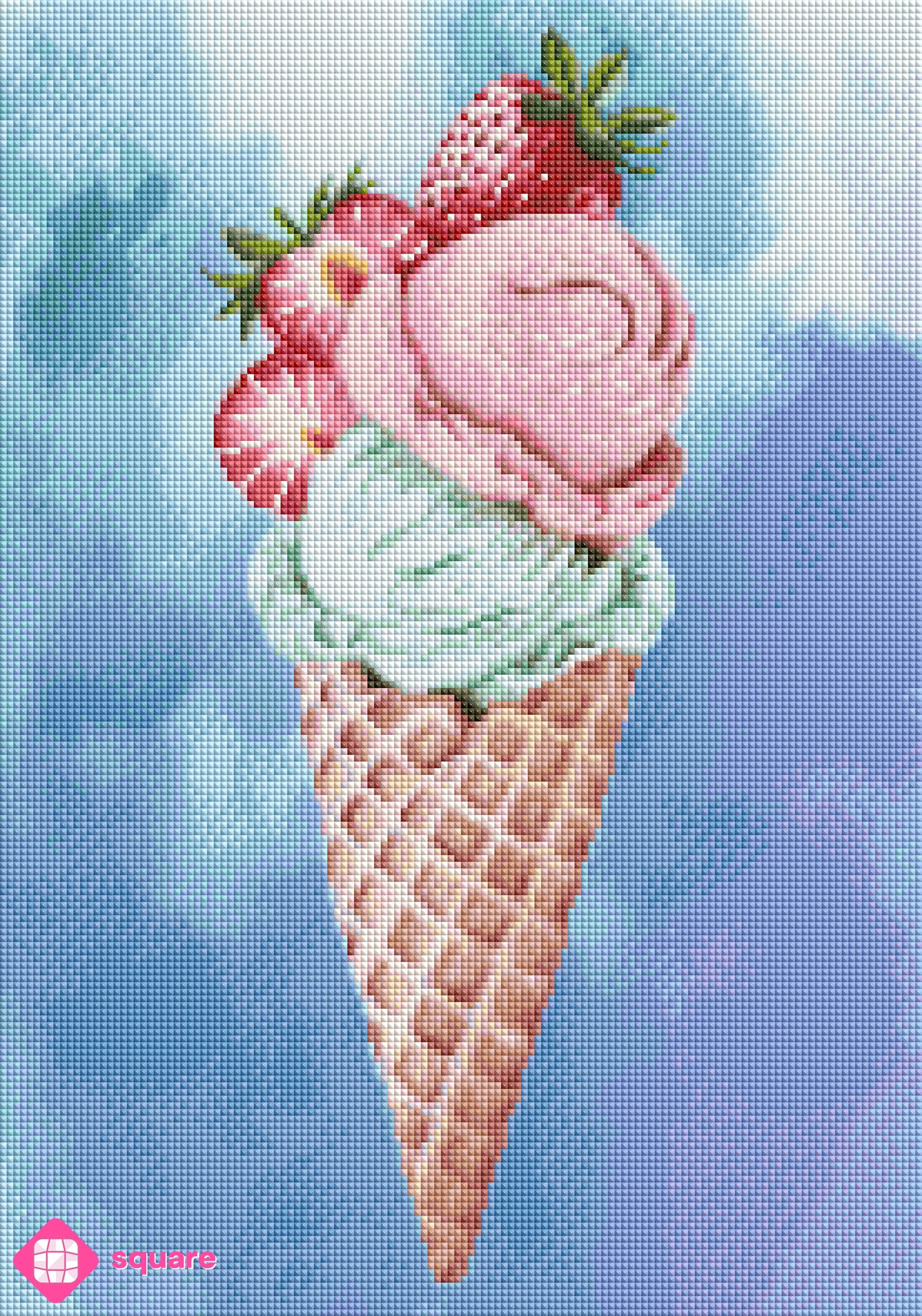 Diamond Painting Vorschau mit cremigem Erdbeer- und Pistazieneis, dekoriert mit saftigen Erdbeeren in einem knusprigen Waffelhörnchen vor blauem Himmel in funkelnder Steinoptik