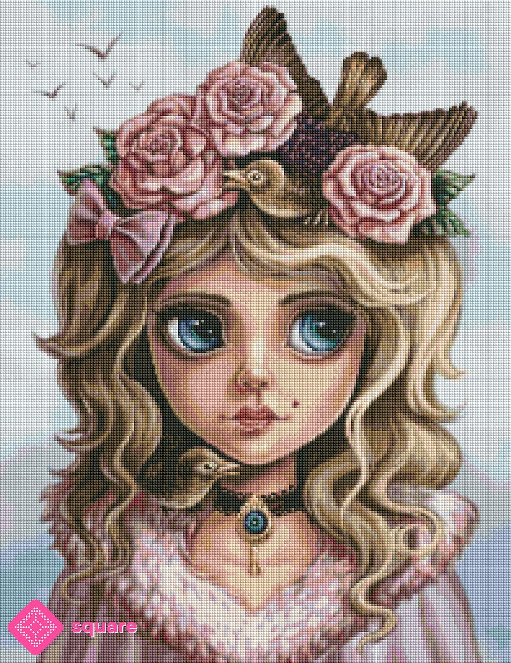 Diamond Painting Vorschau mit Mädchen, Rosenkrone und zwei kleinen Vögeln vor einem verträumten Wolkenhimmel in funkelnder Steinoptik