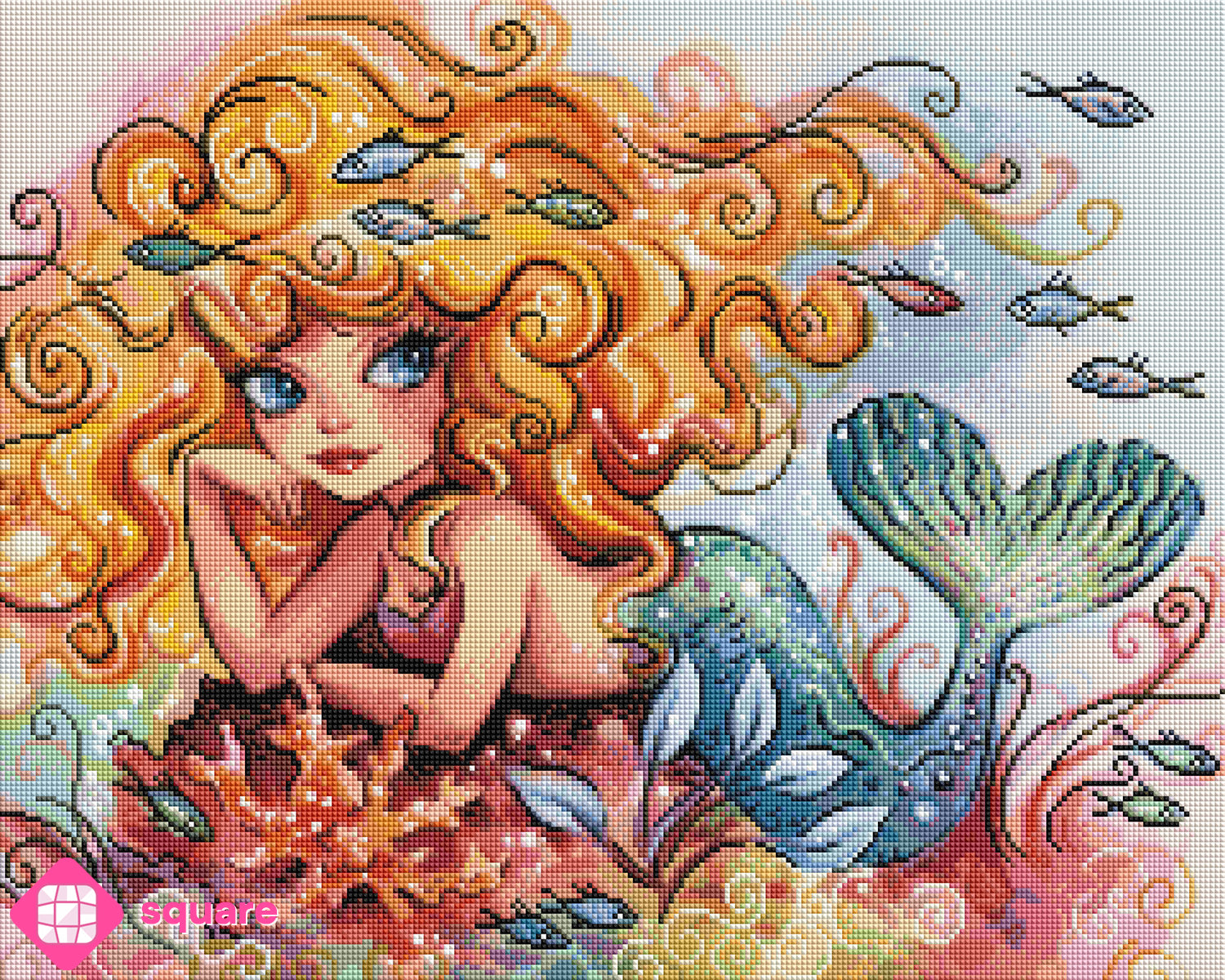 Diamond Painting Vorschau der blonden Meerjungfrau mit goldenem Lockenhaar und schimmerndem türkis-grünem Fischschwanz auf einem Korallenfelsen, umgeben von Fischen und Unterwasserpflanzen, in funkelnder Steinoptik als Render-Vorschau