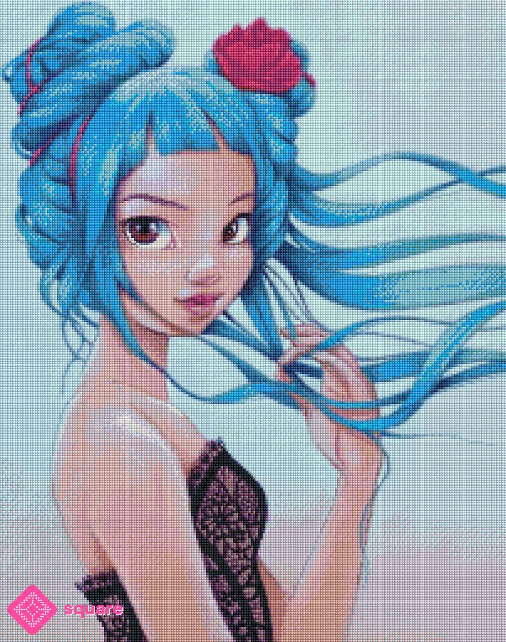 Diamond Painting Vorschau mit Blue Girl und blauen Haaren in funkelnder Steinoptik