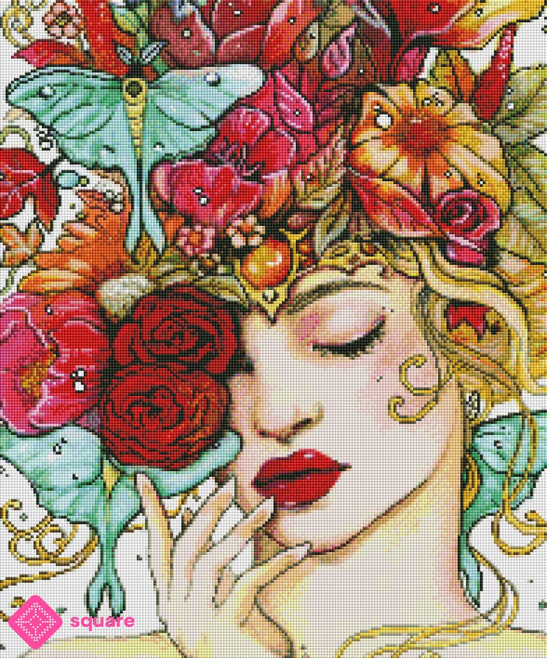 Vorschau eines floralen Diamond Paintings mit Mädchenportrait, Blumen und Nachtfaltern in funkelnder Steinoptik