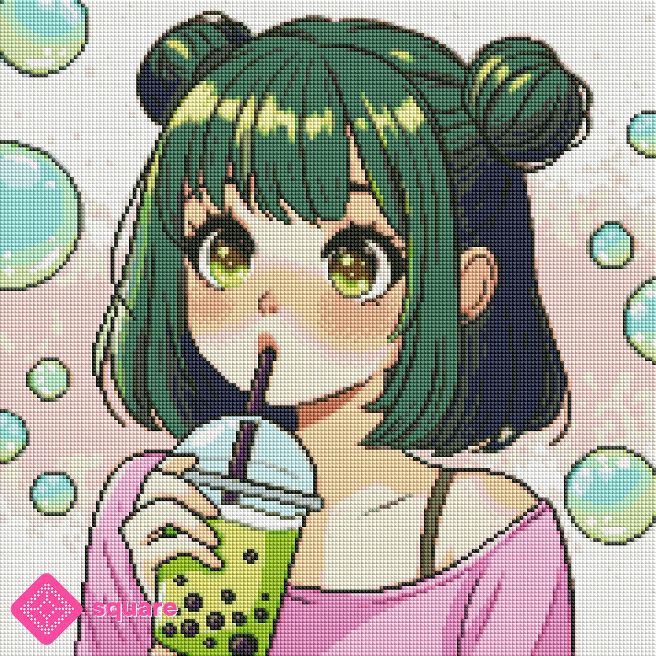 Diamond Painting Vorschau mit Bubble Tea Mädchen und bunten Blasen in funkelnder Steinoptik